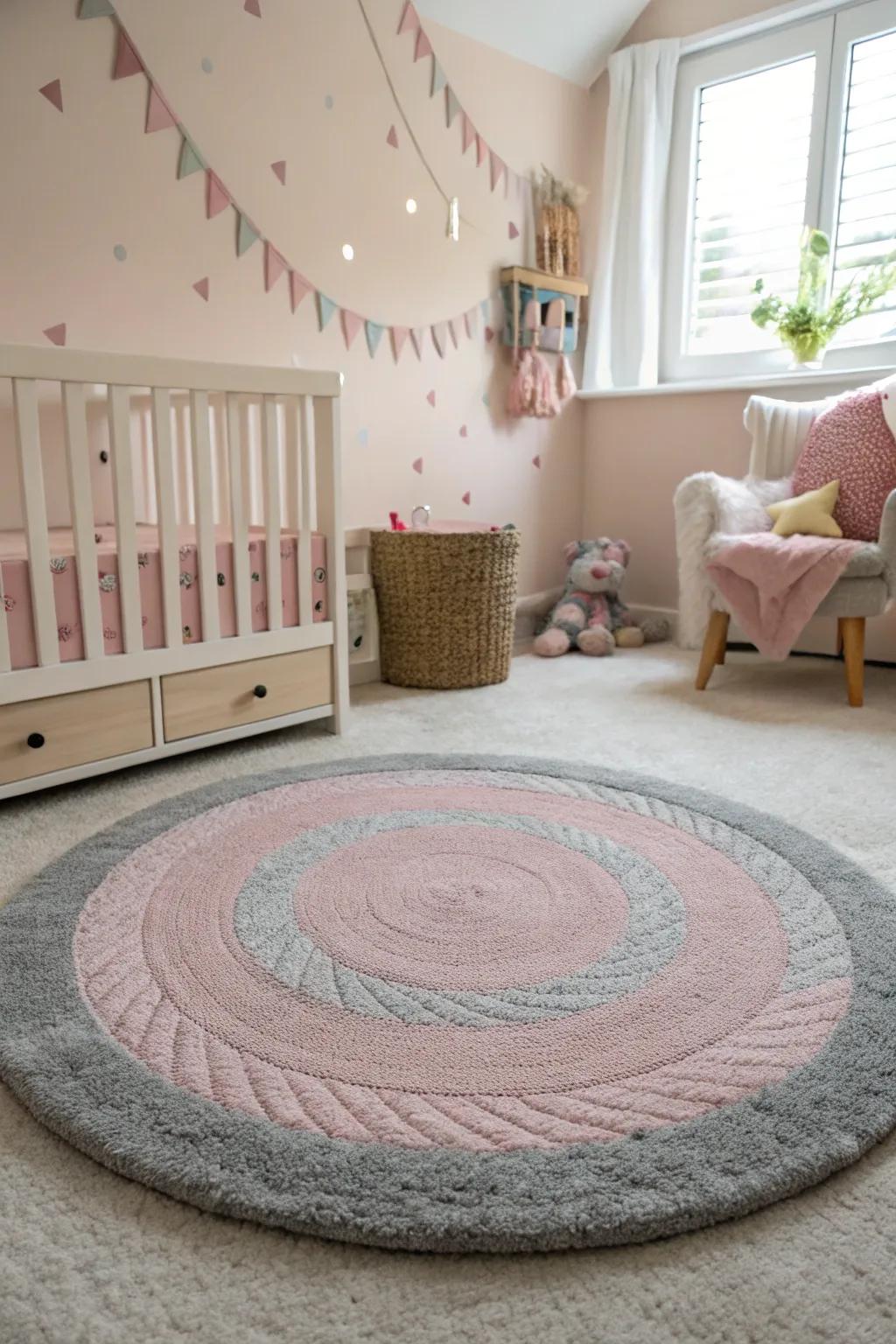 A gentle carpet in rose and grey adds texture and warmth.