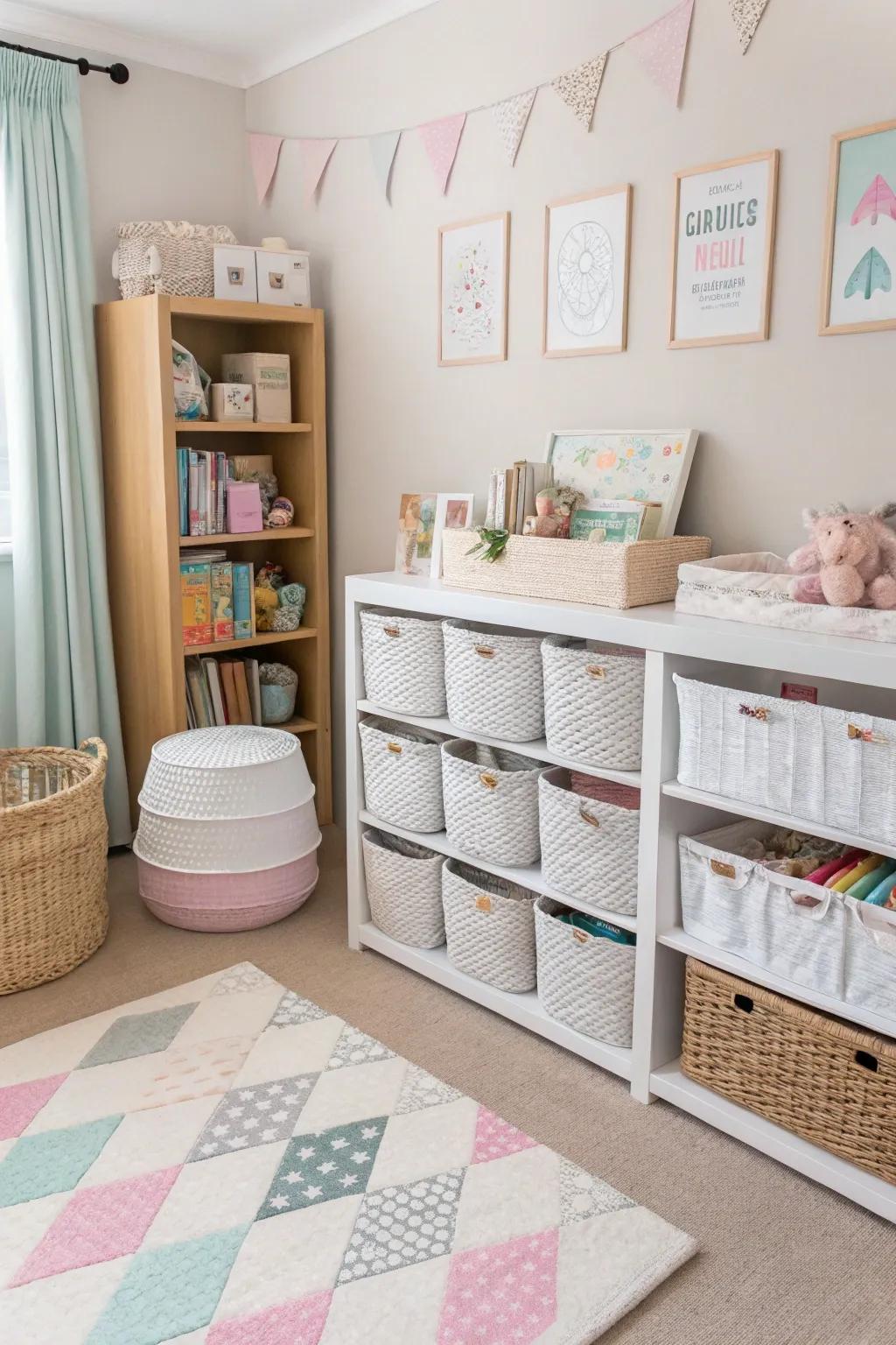 Woven baskets and shelves blend function and flair in storage.