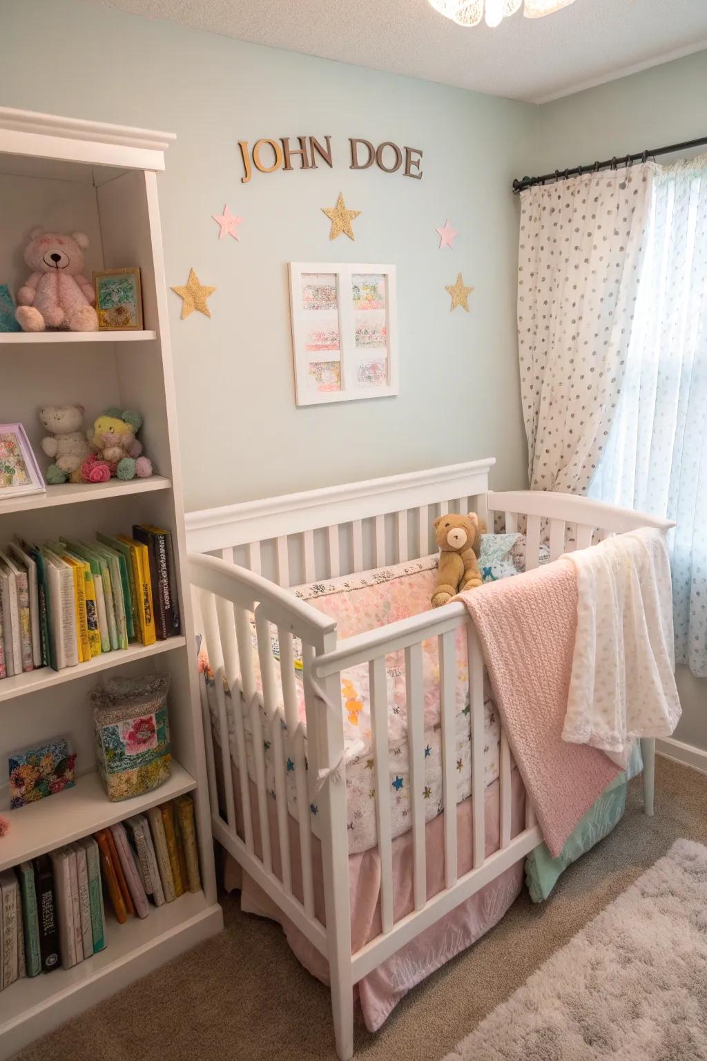 A tailored name display imparts a singular touch to the nursery.