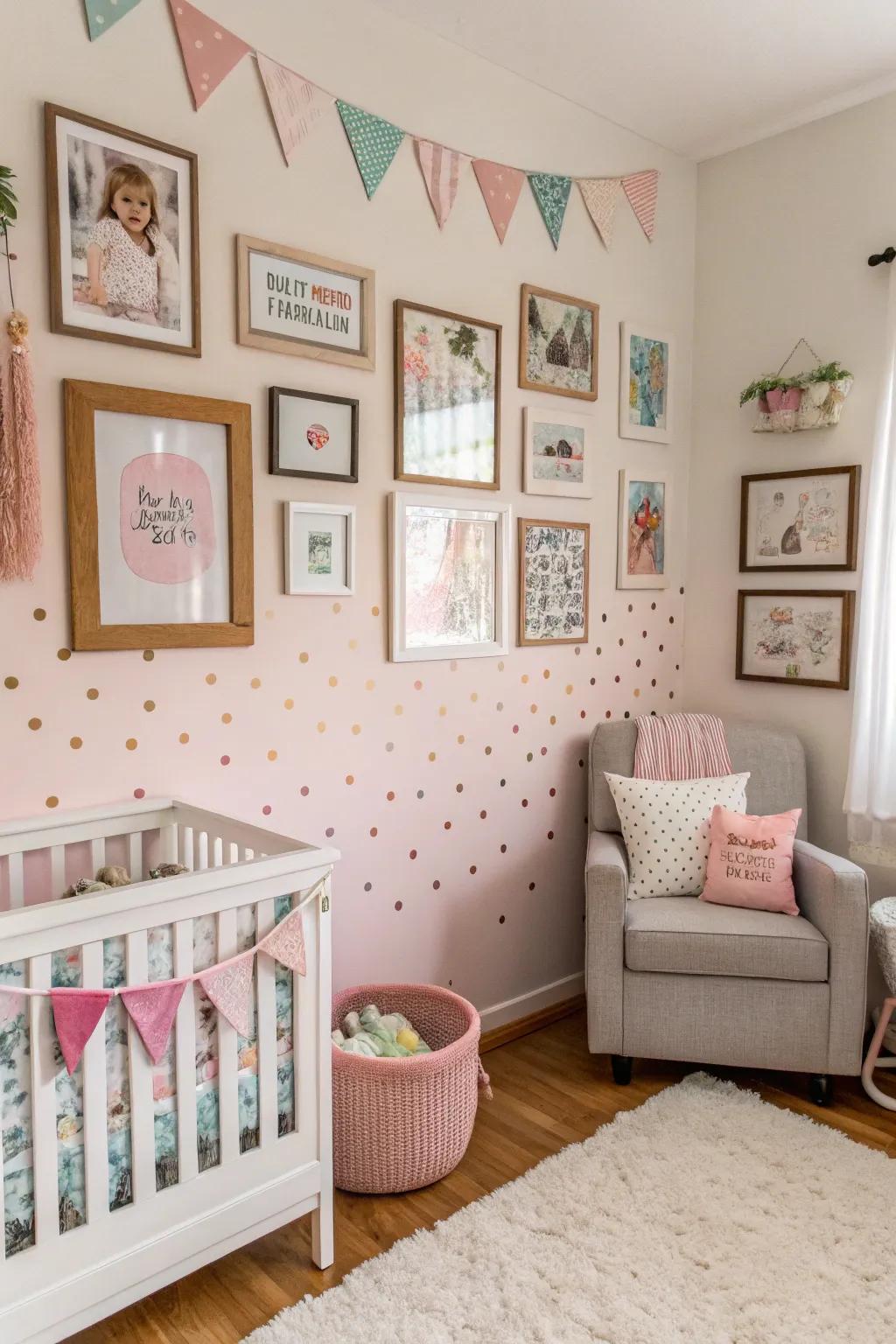 A memory display wall imparts a personal note to the nursery.