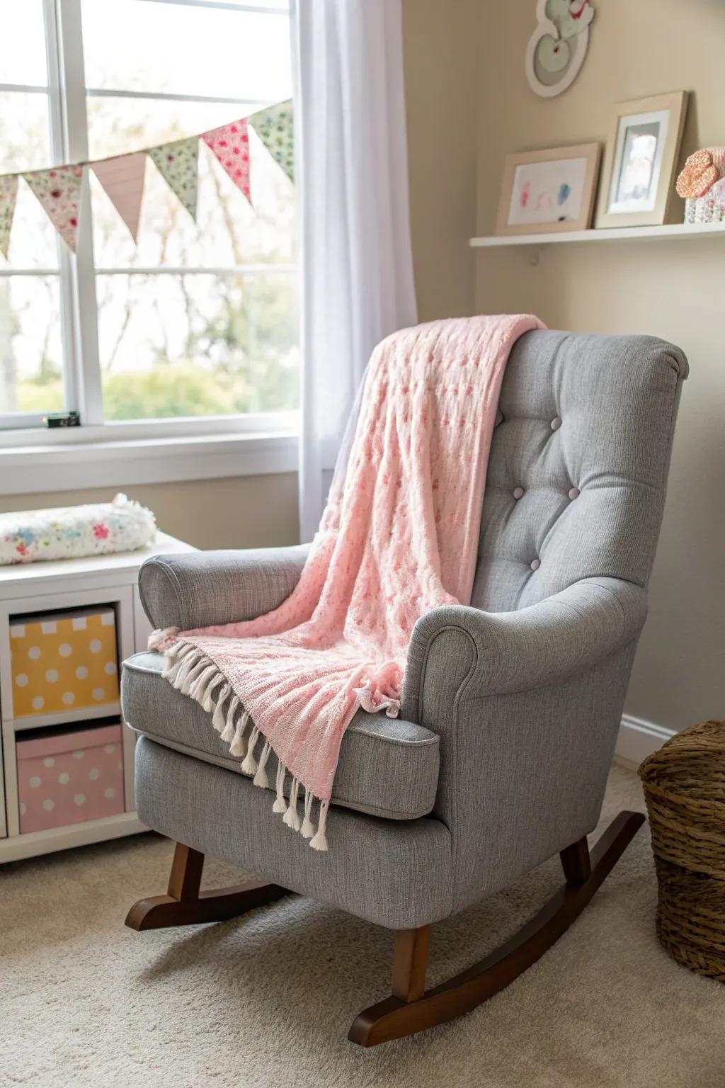 A grey rocking chair offers comfort and flair.