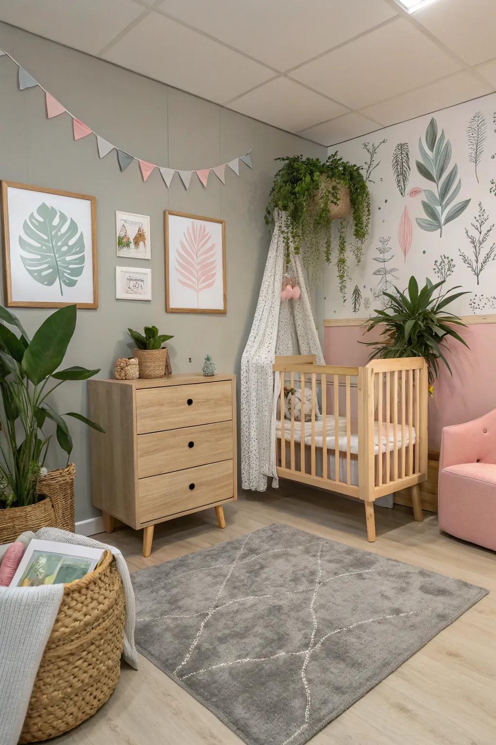 Nature-themed decor contributes a refreshing essence to the nursery.