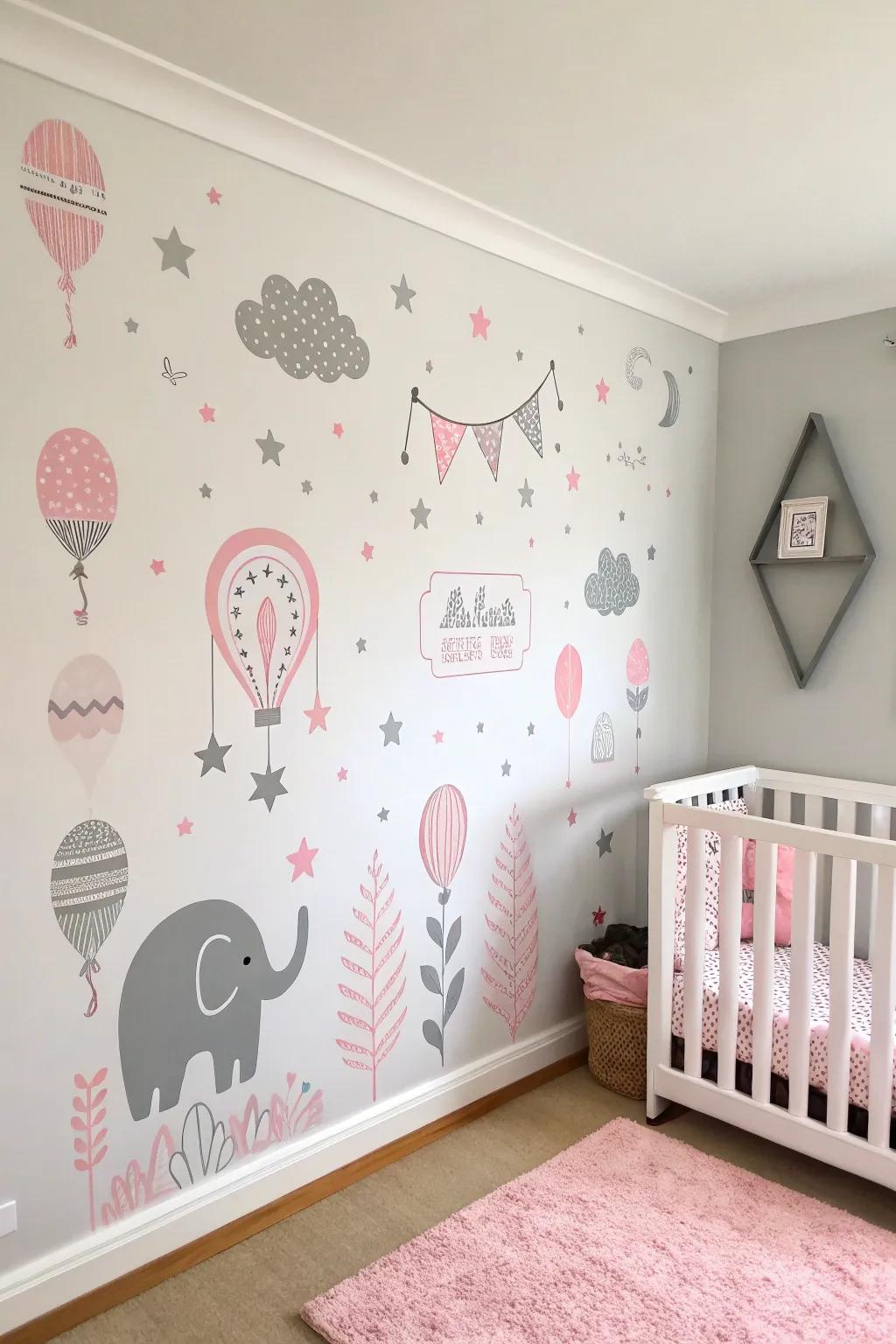 Amusing wall stickers bring charm to this nursery.