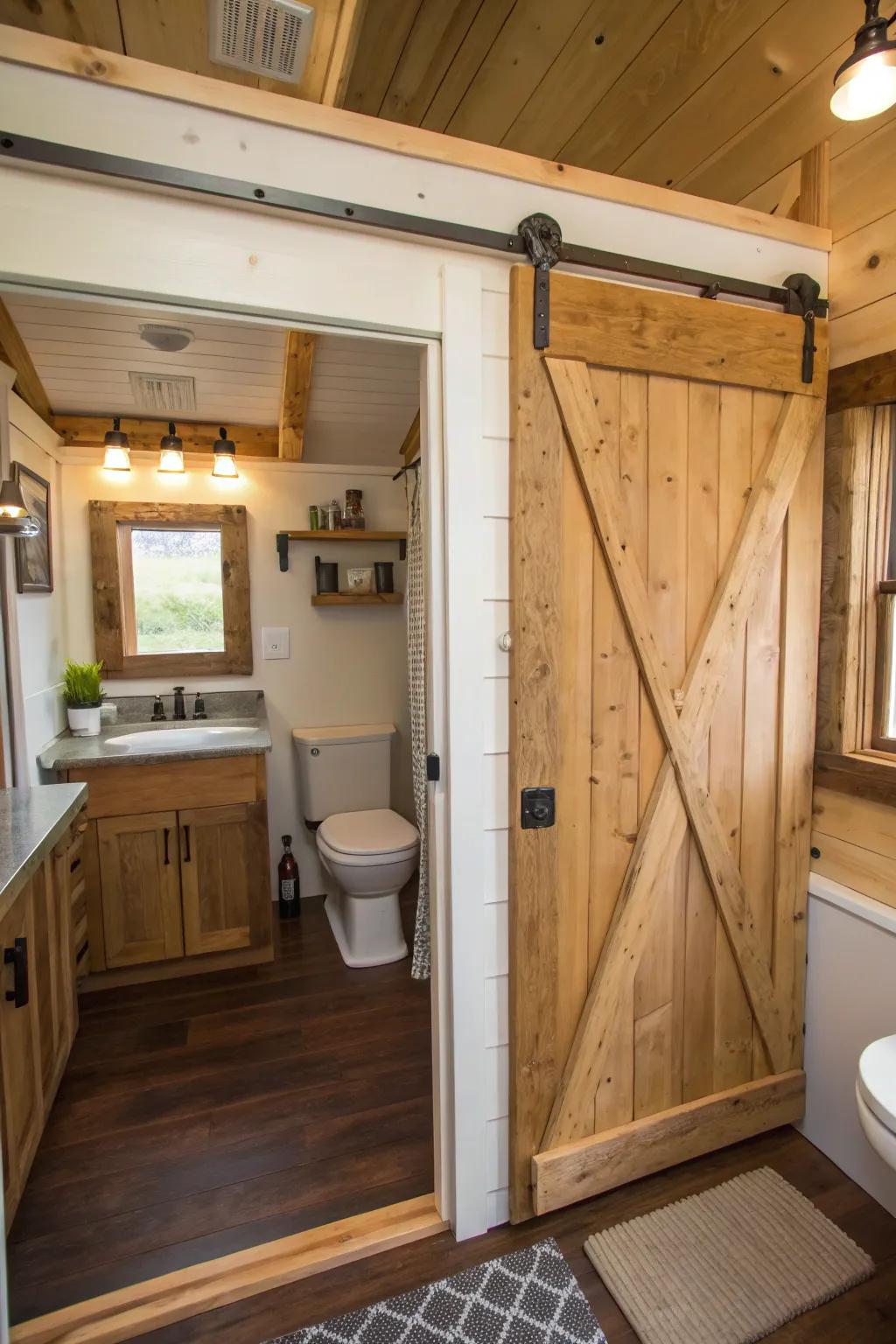 Sliding barn doors offer style and function in this compact bathroom.