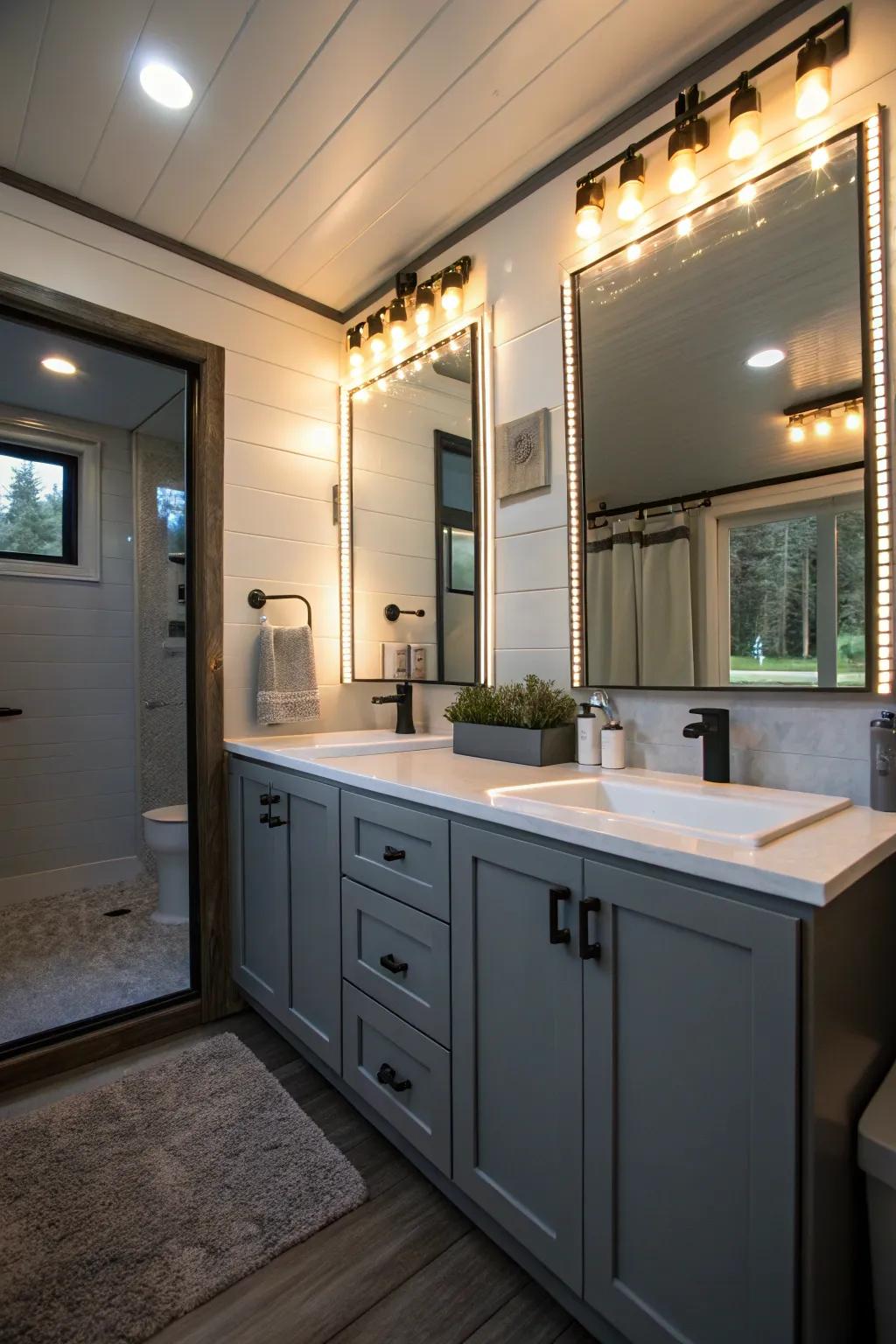 LED lighting adds depth and mood to this compact bathroom.