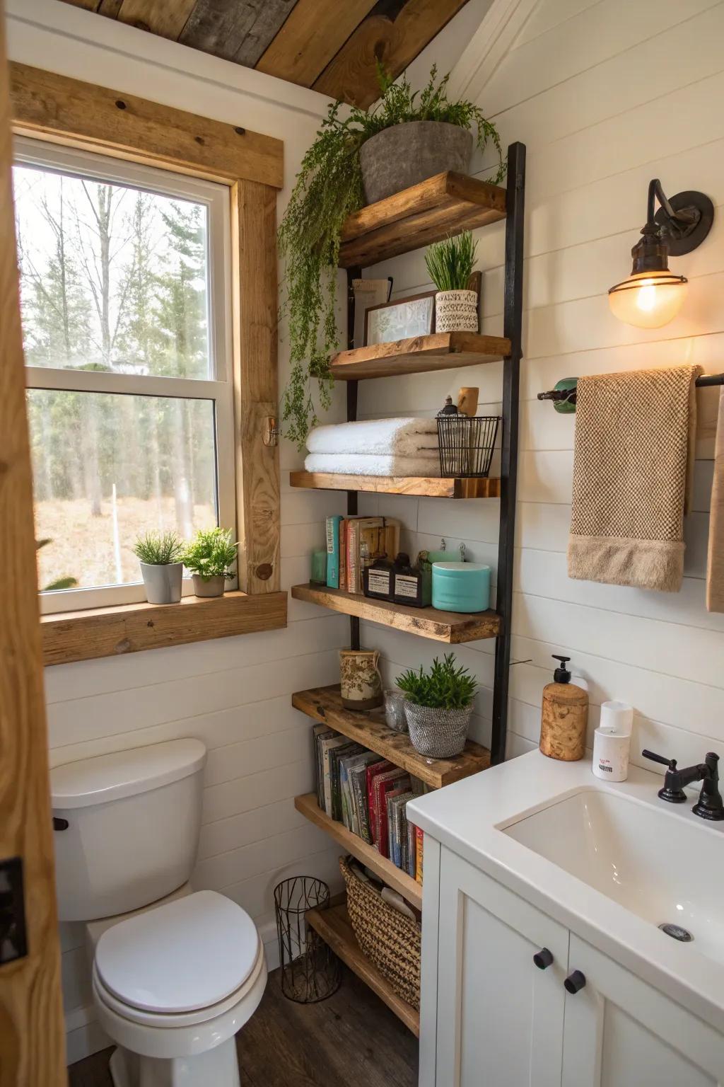 DIY elements personalize and enhance this compact bathroom.