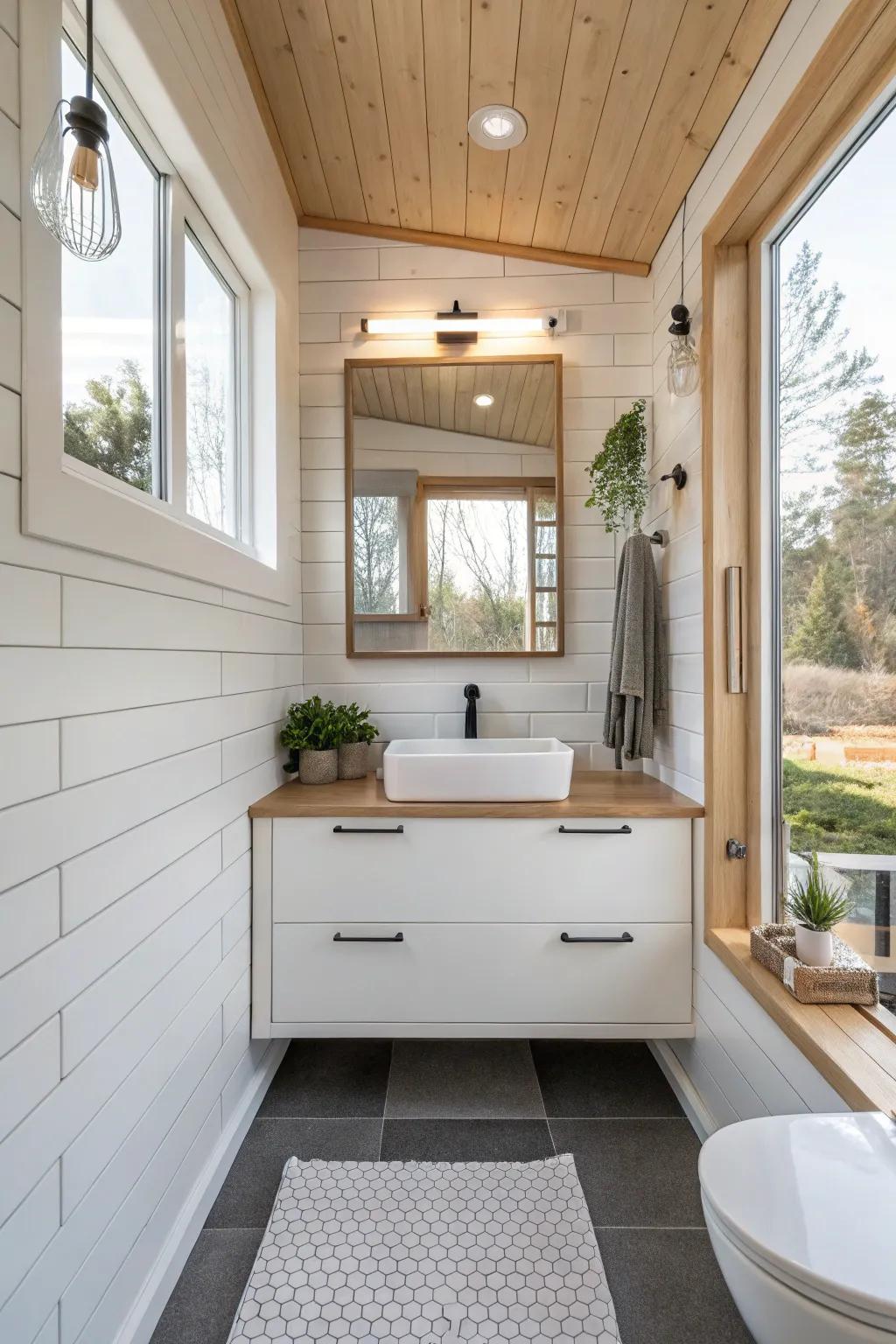 Floating vanities create a sense of openness and modernity.