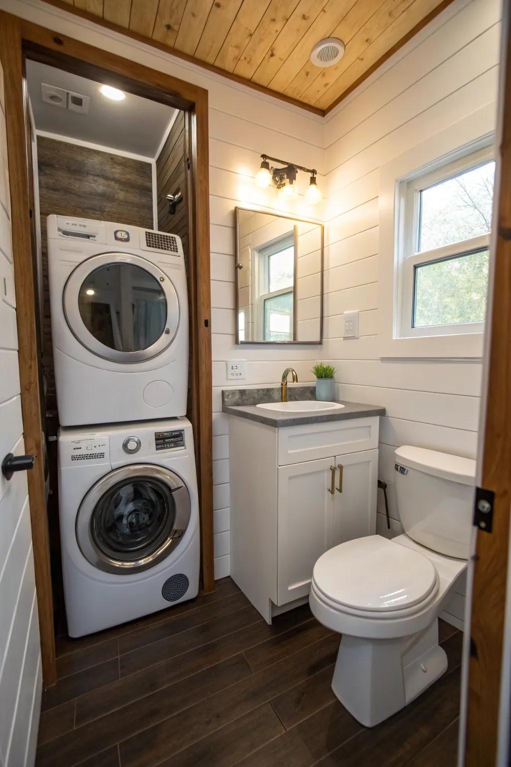 A combo washer/dryer maximizes functionality in this compact bathroom.