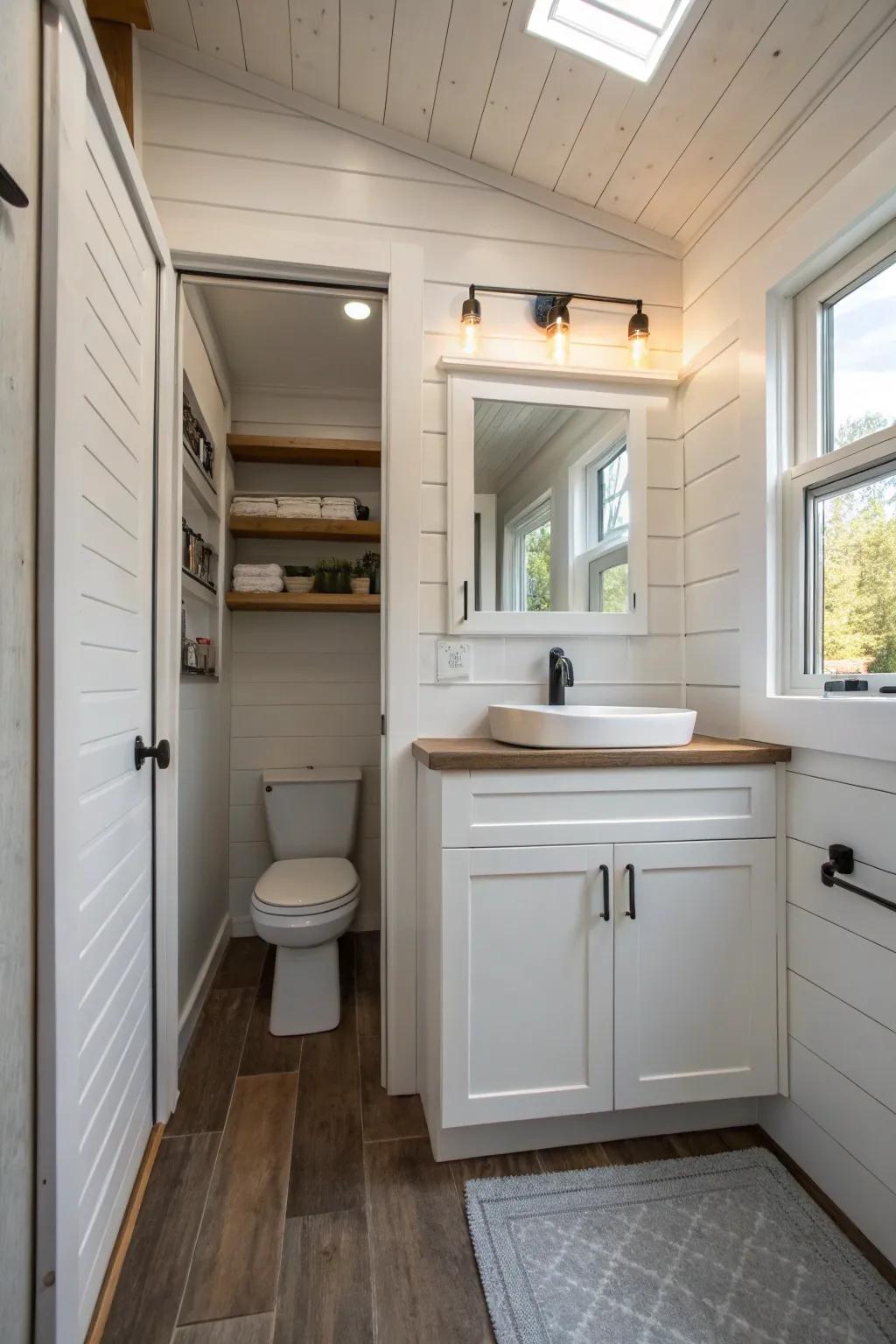 Built-in storage keeps essentials organized in this compact bathroom.