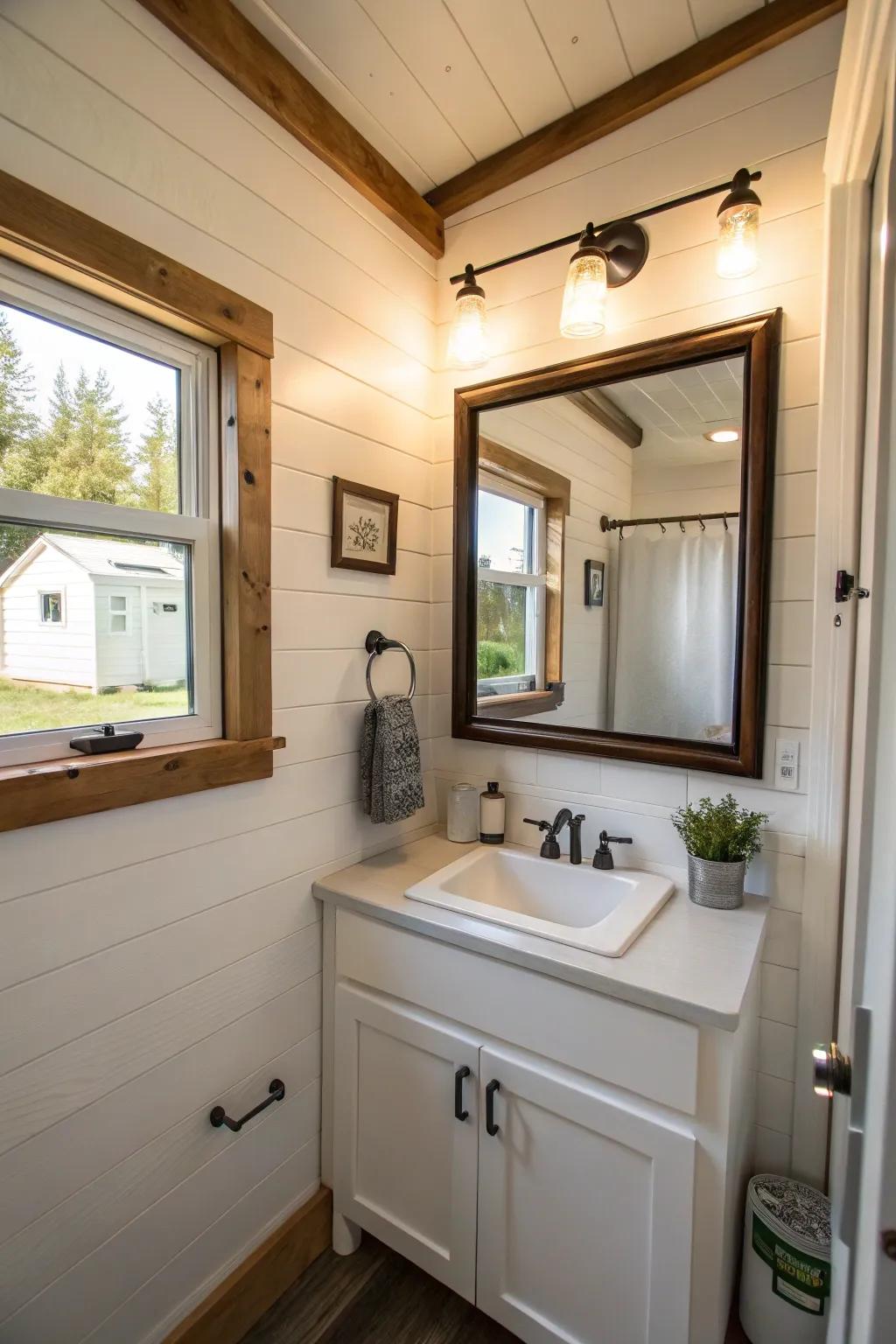 Mirrors broaden the visual space in this compact bathroom.