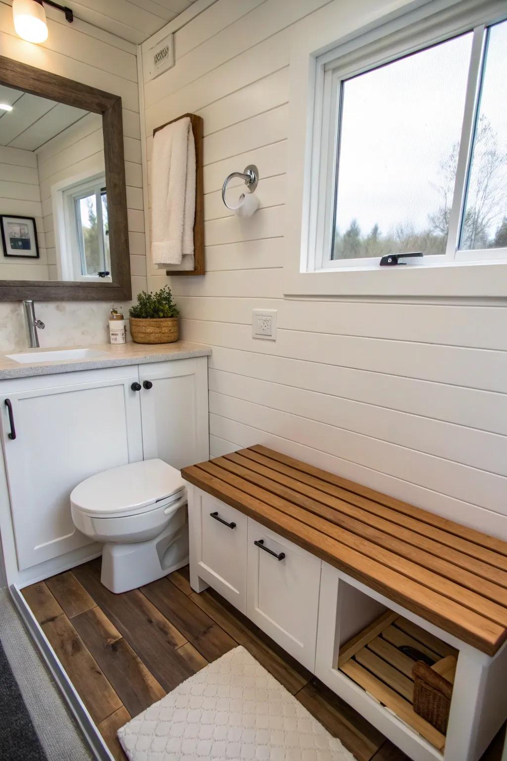 Fold-down features add versatility to this compact bathroom.