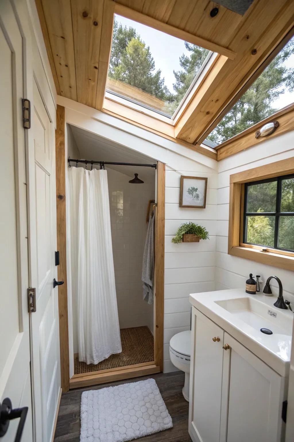 A skylight dramatically opens up this compact bathroom with sunlight.
