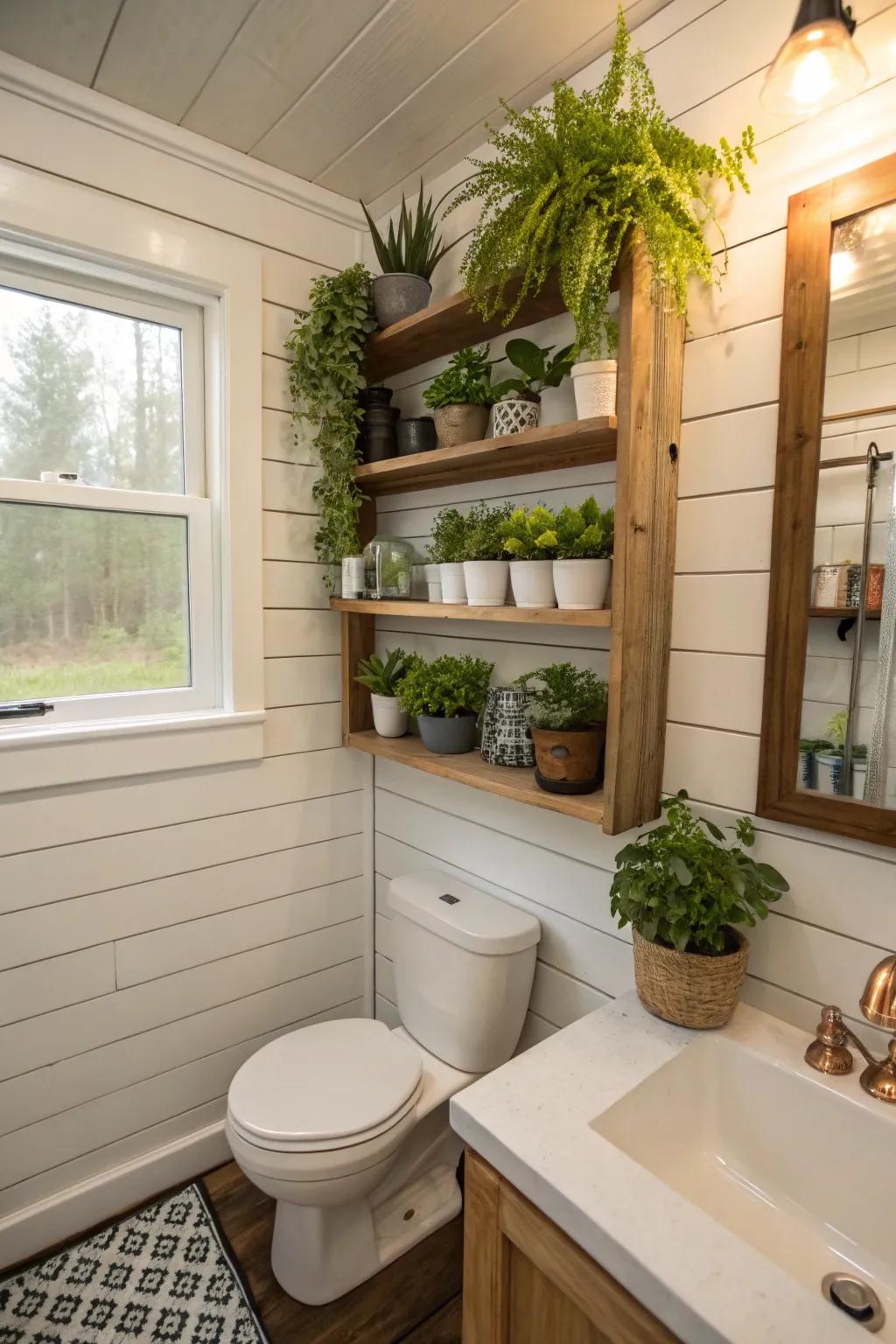Plants bring life and freshness to this compact bathroom.