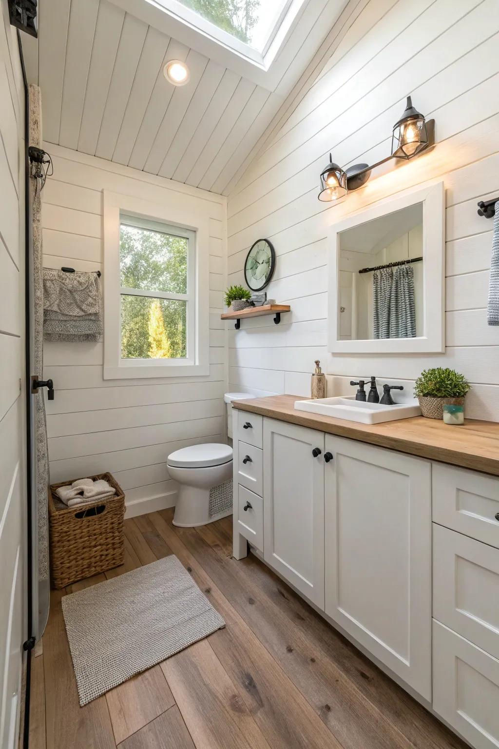 A light color palette enhances spaciousness in this compact bathroom.