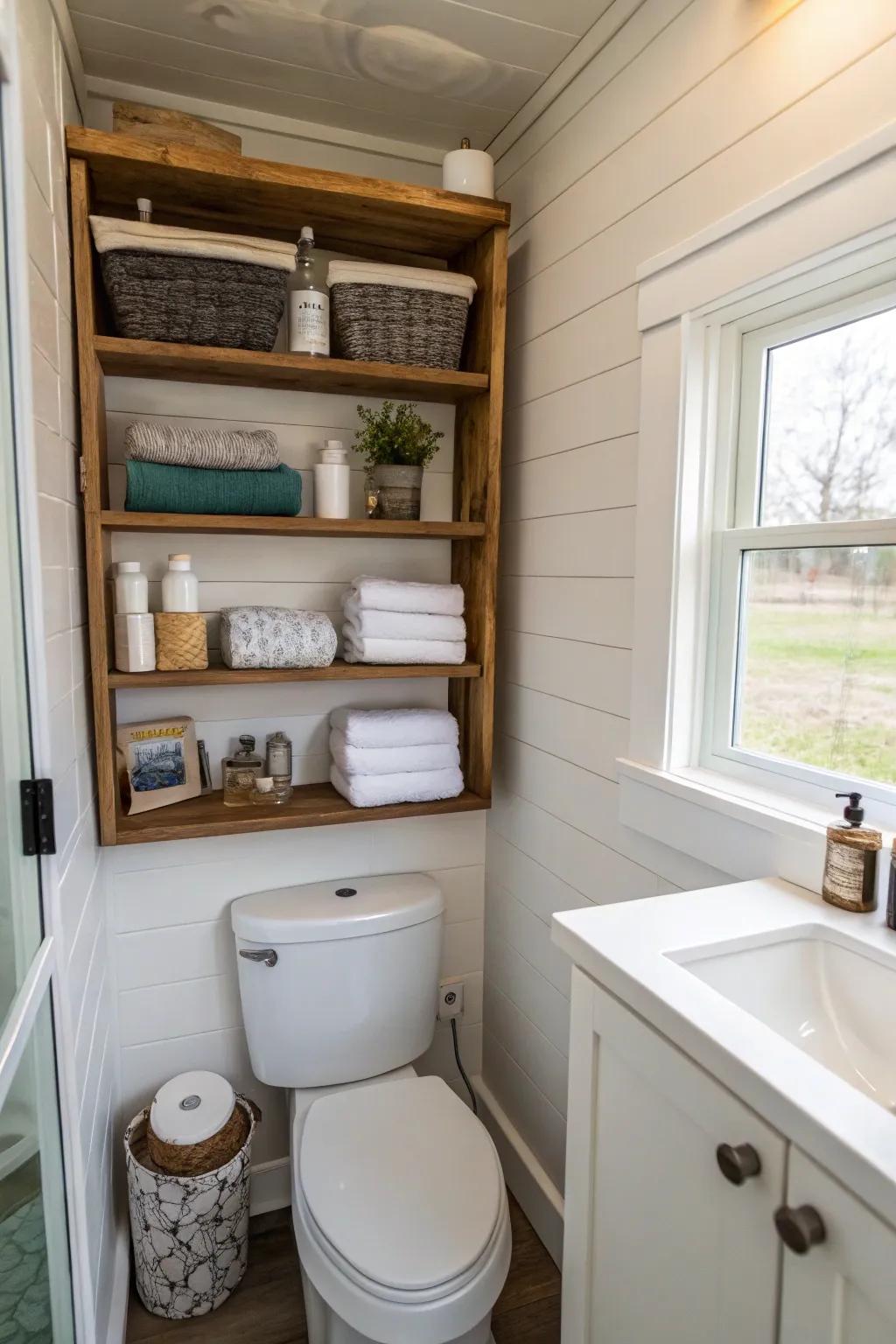 Vertical storage transforms every bit into usable space in this small bathroom.