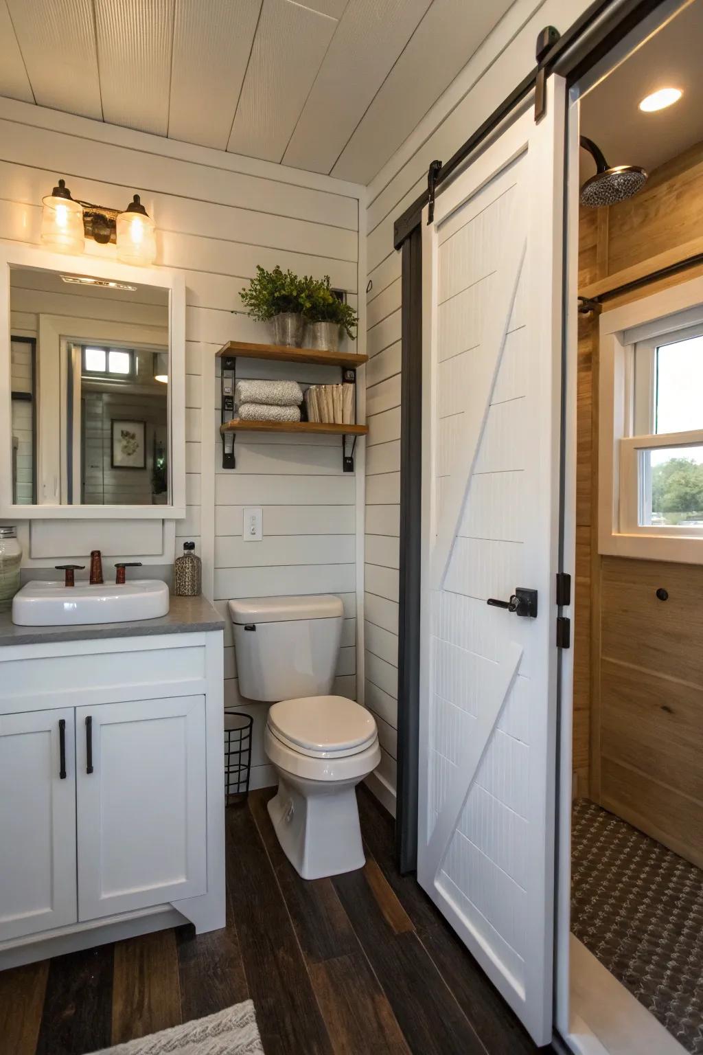 Pocket doors optimize space in this compact bathroom.
