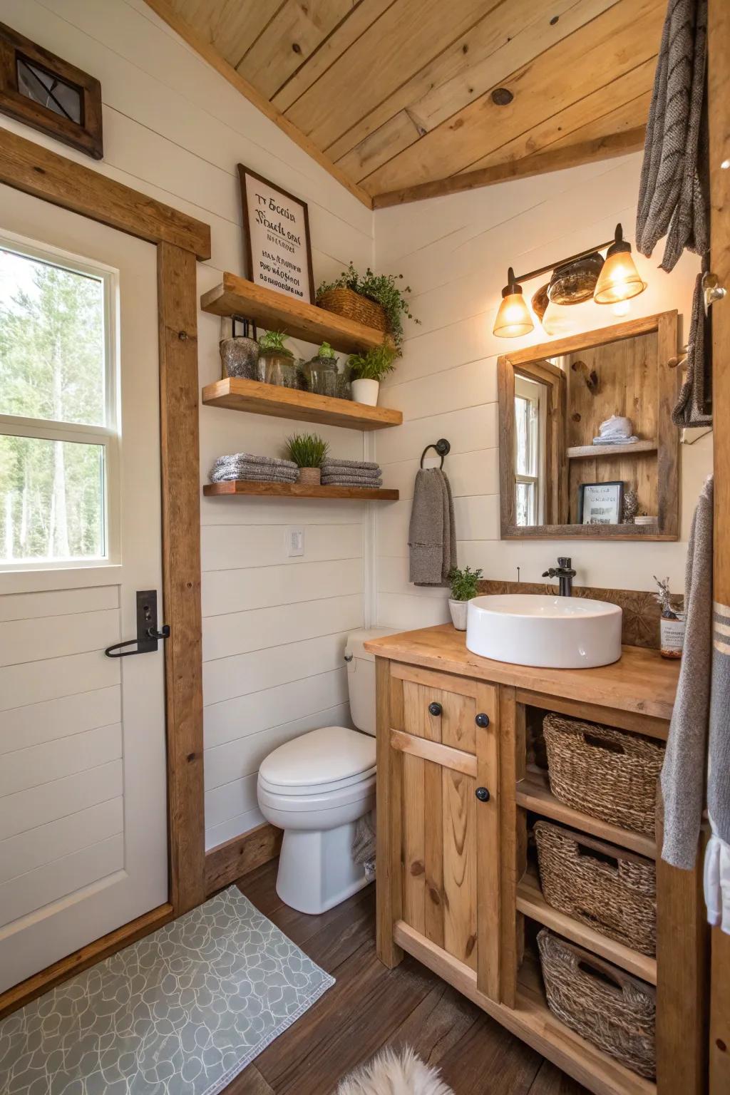 Rustic wood accents bring warmth to this compact bathroom.