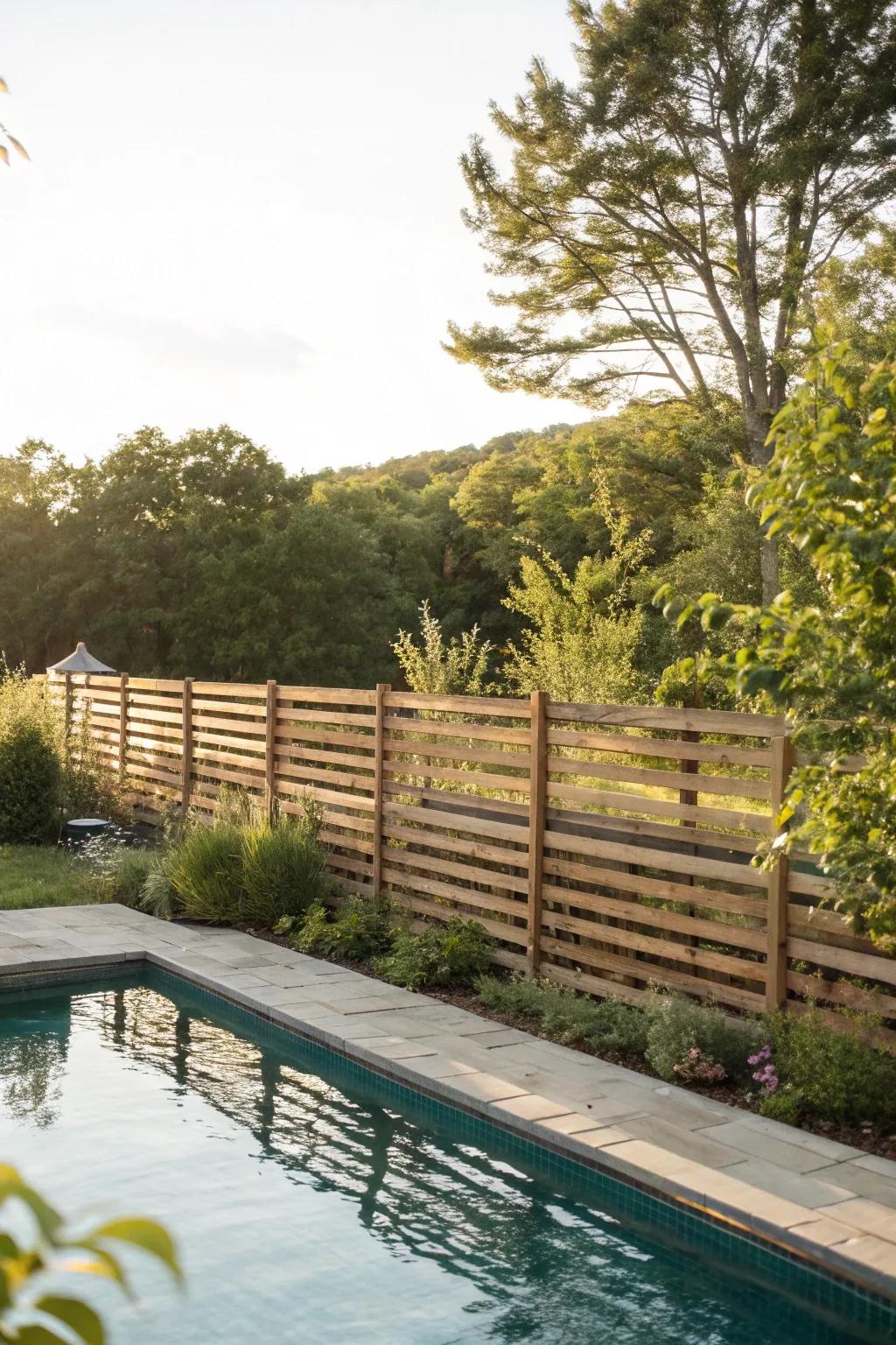 Horizontal wood planks establishing a warm, secluded poolside getaway.