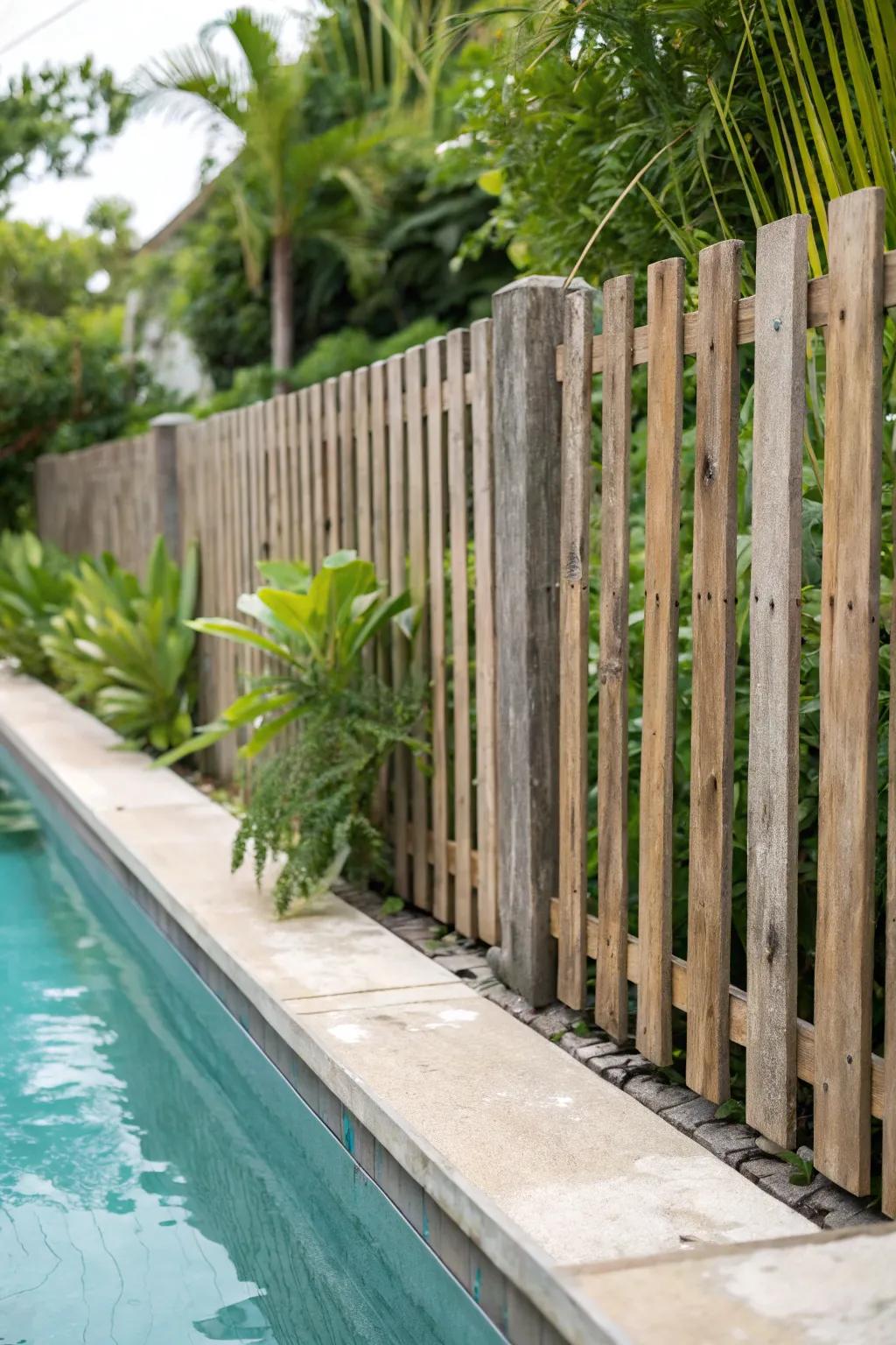 A quintessential wood plank barrier embracing a pool with its innate charm.