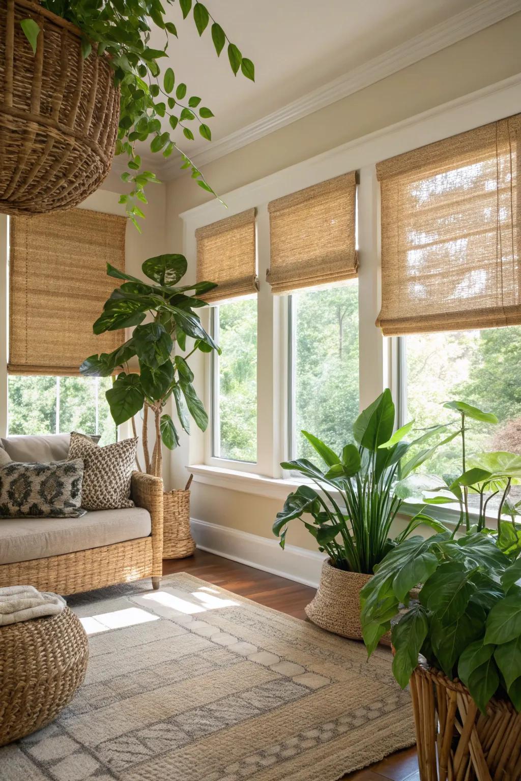 Woven blinds bring a natural touch.