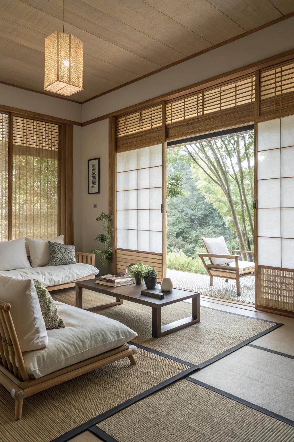 Bamboo blinds for a peaceful ambiance.
