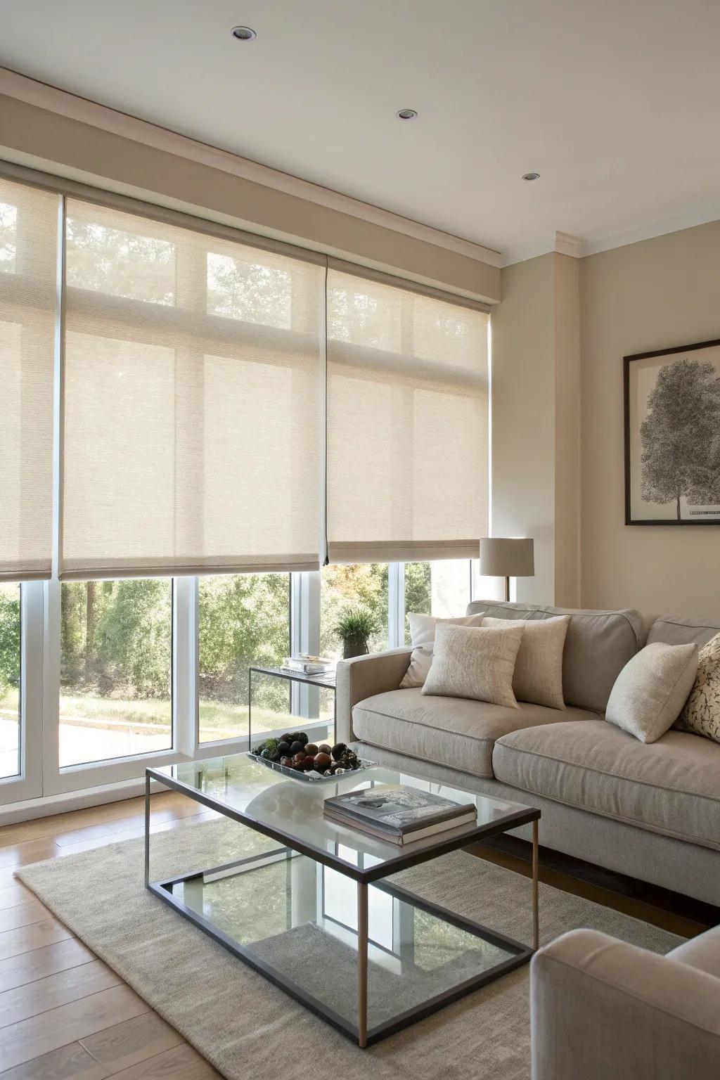 Neutral roller shades for a timeless appearance.