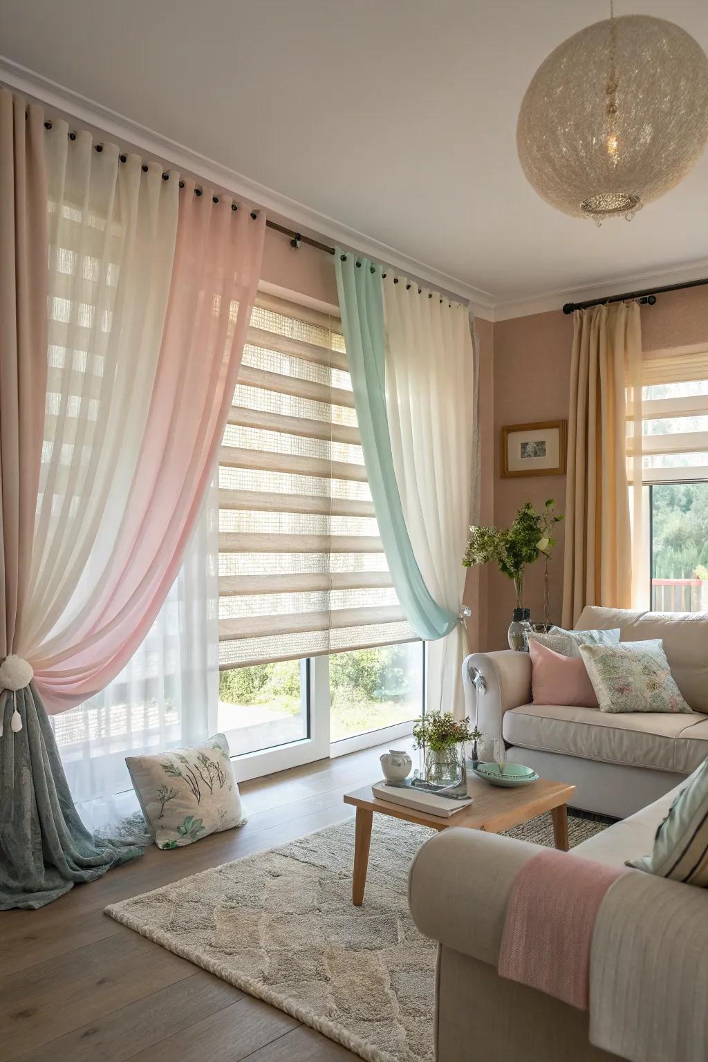 For a luxurious look, window treatments are layered.