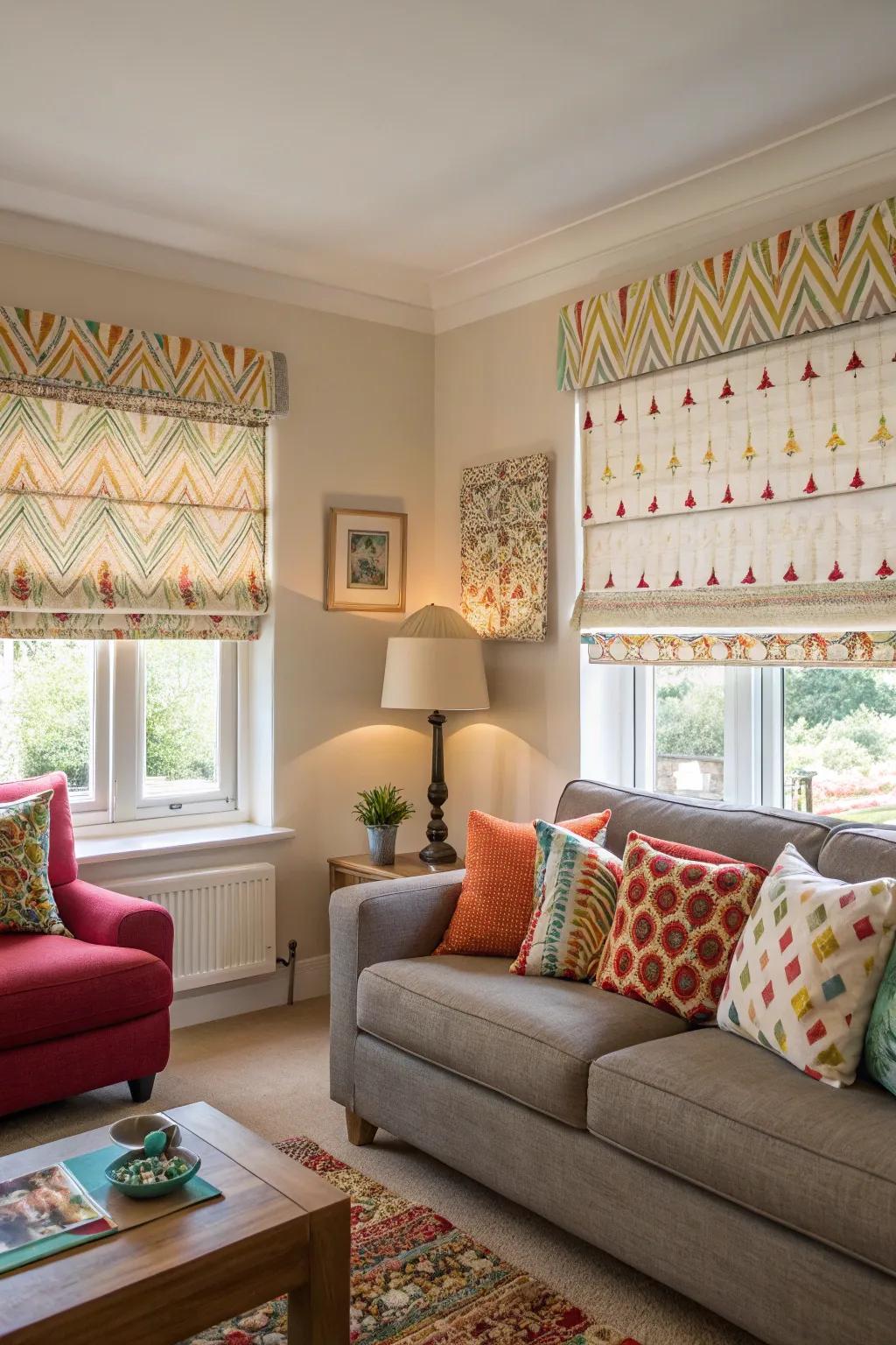 Patterned Roman shades give a splash of color.