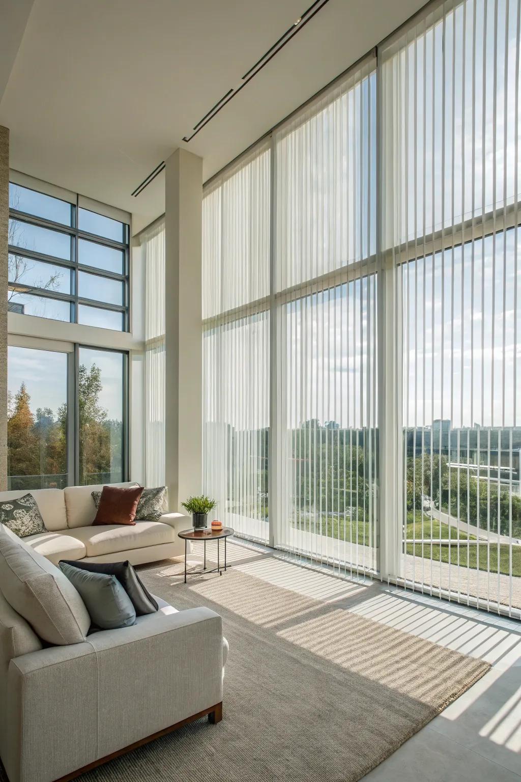 Large windows are beautifully enhanced by vertical blinds.