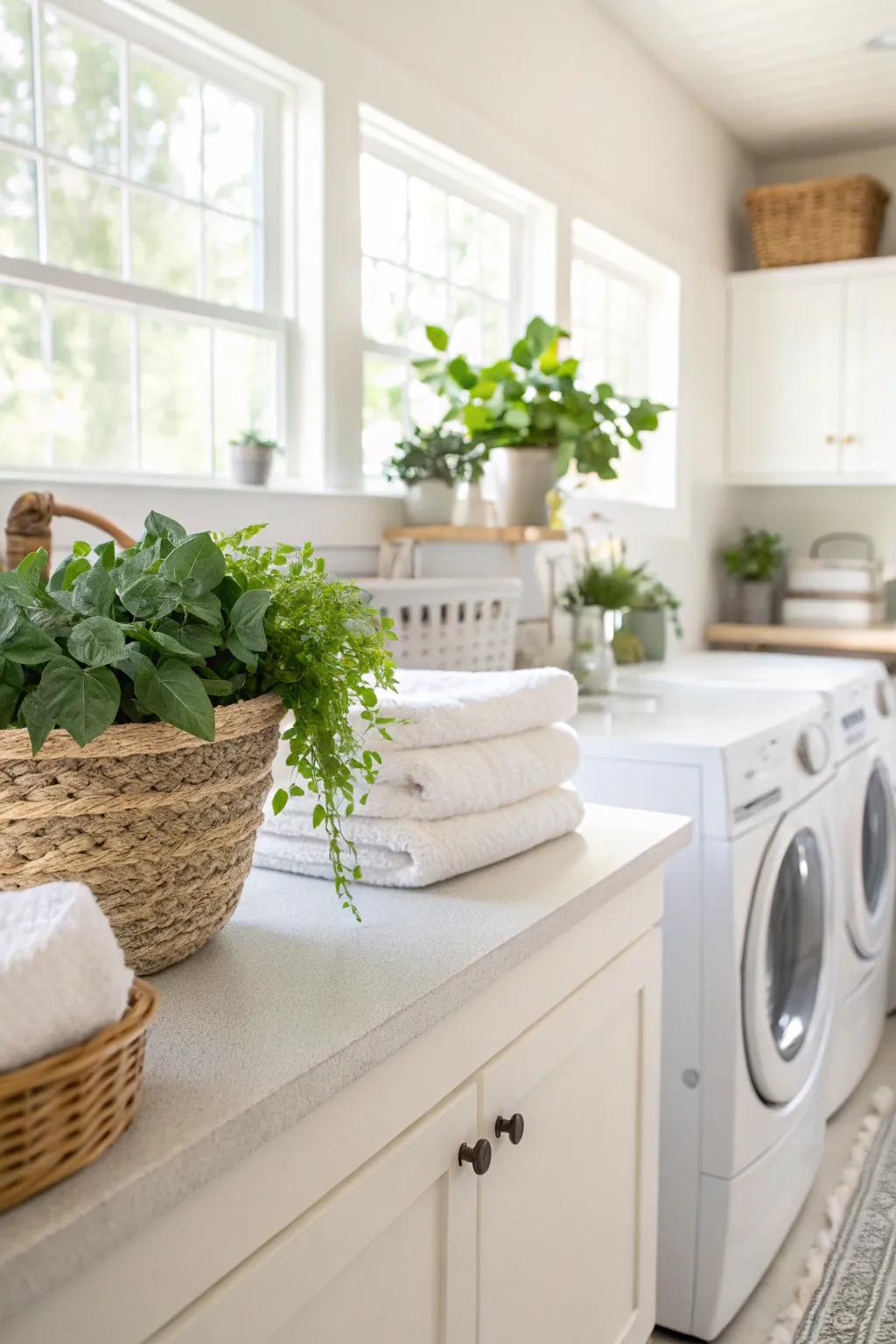 Decorative plants contributing a natural touch to laundry room countertops.