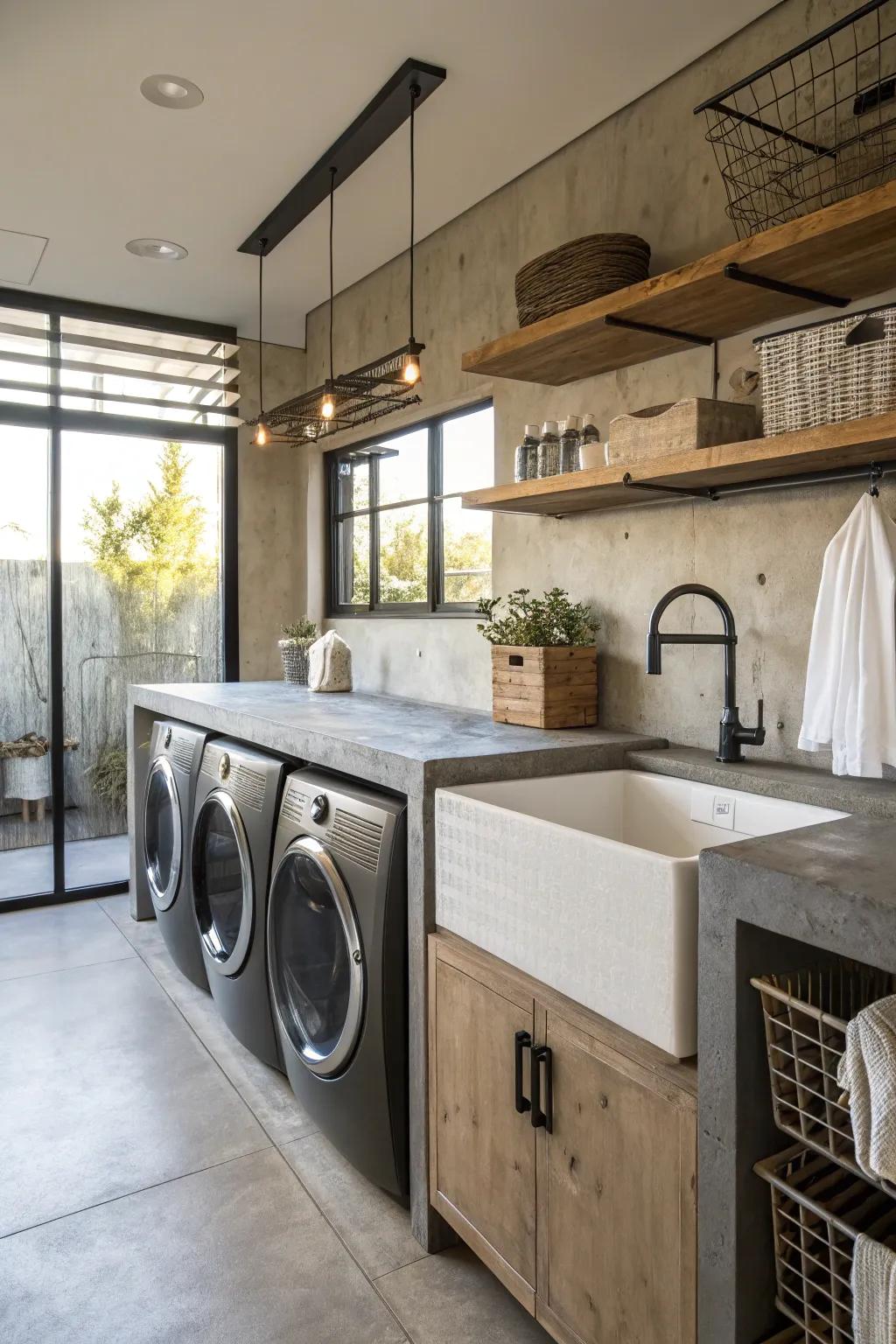 Concrete countertops delivering an industrial flair to the laundry room.