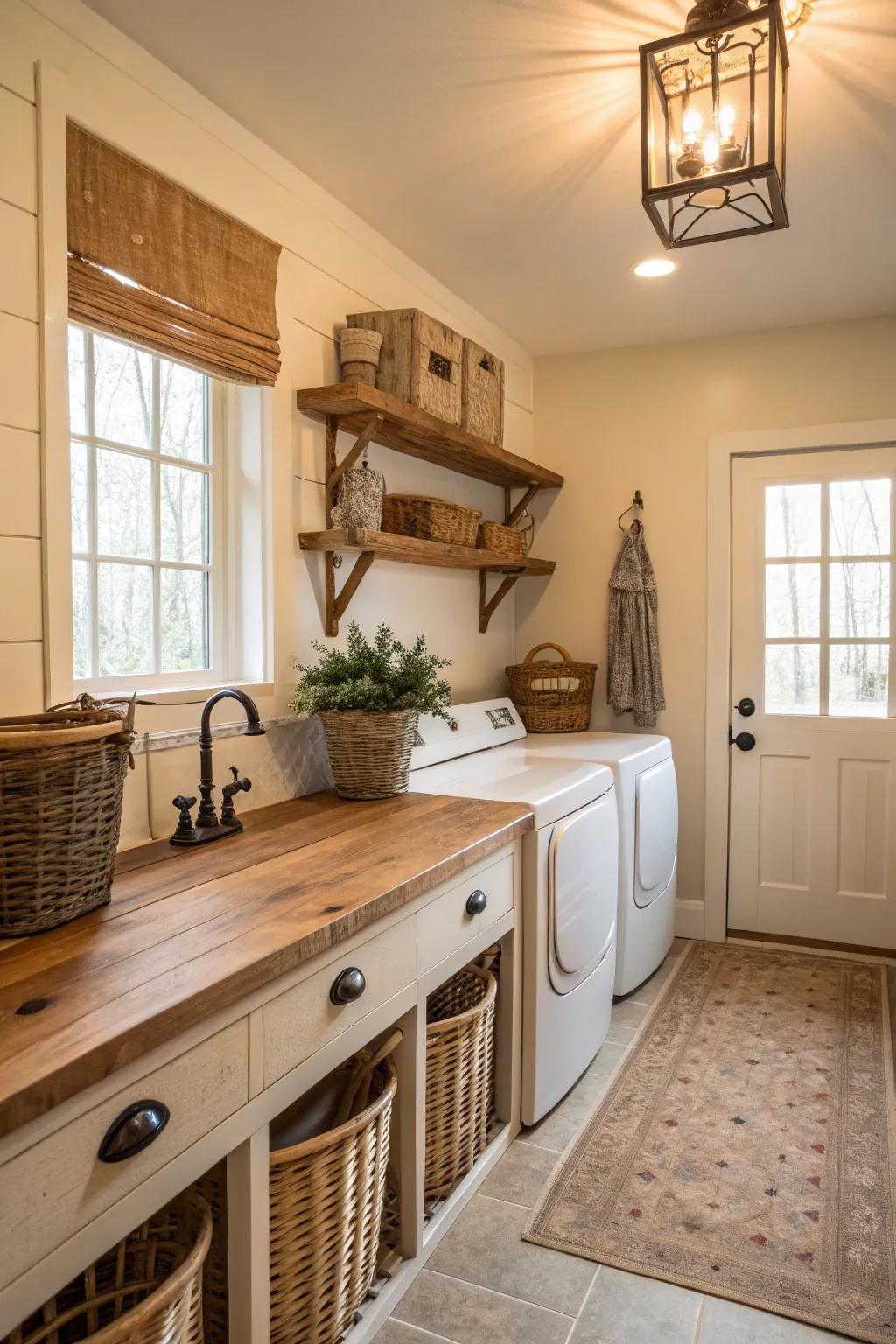 Practical hanging racks integrated with laundry room countertops.