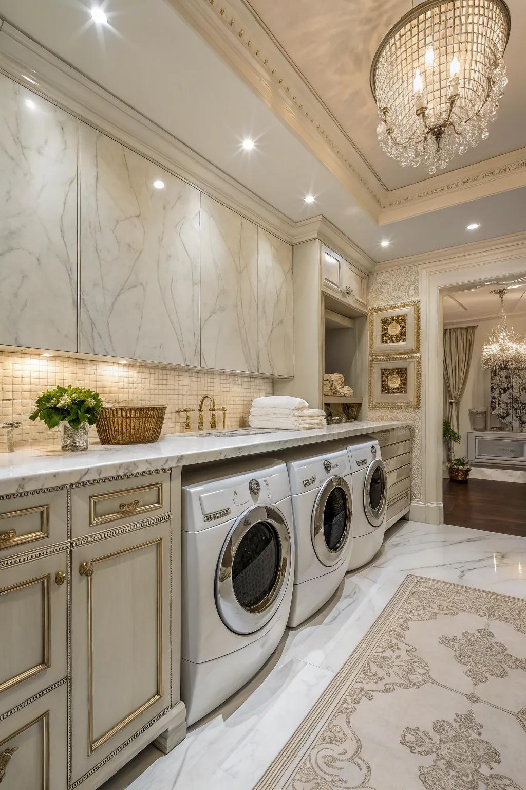Luxurious marble countertops adding elegance to the laundry room.
