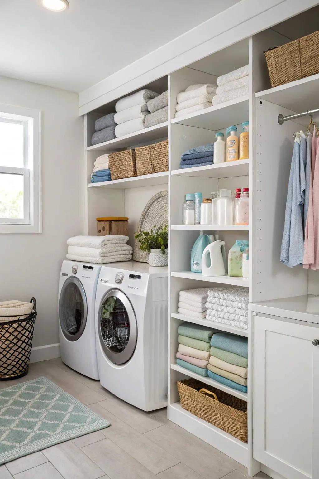 Effective storage solutions seamlessly incorporated into laundry room countertops.