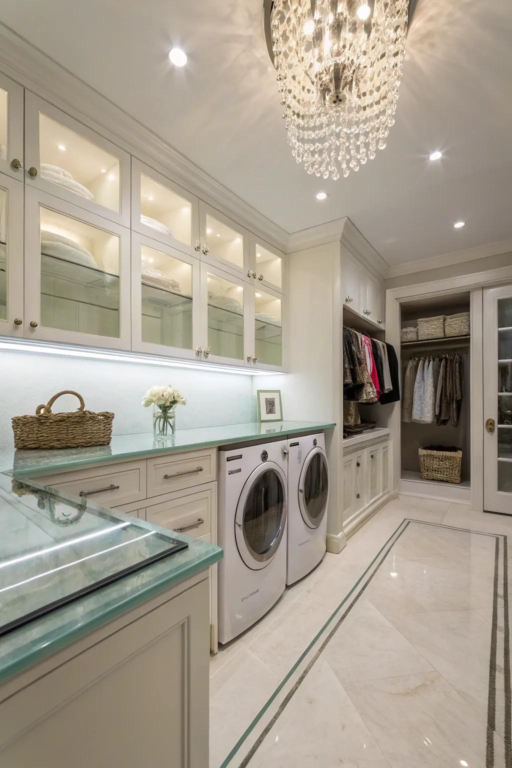 Elegant and light-reflecting glass countertops brightening the laundry room.