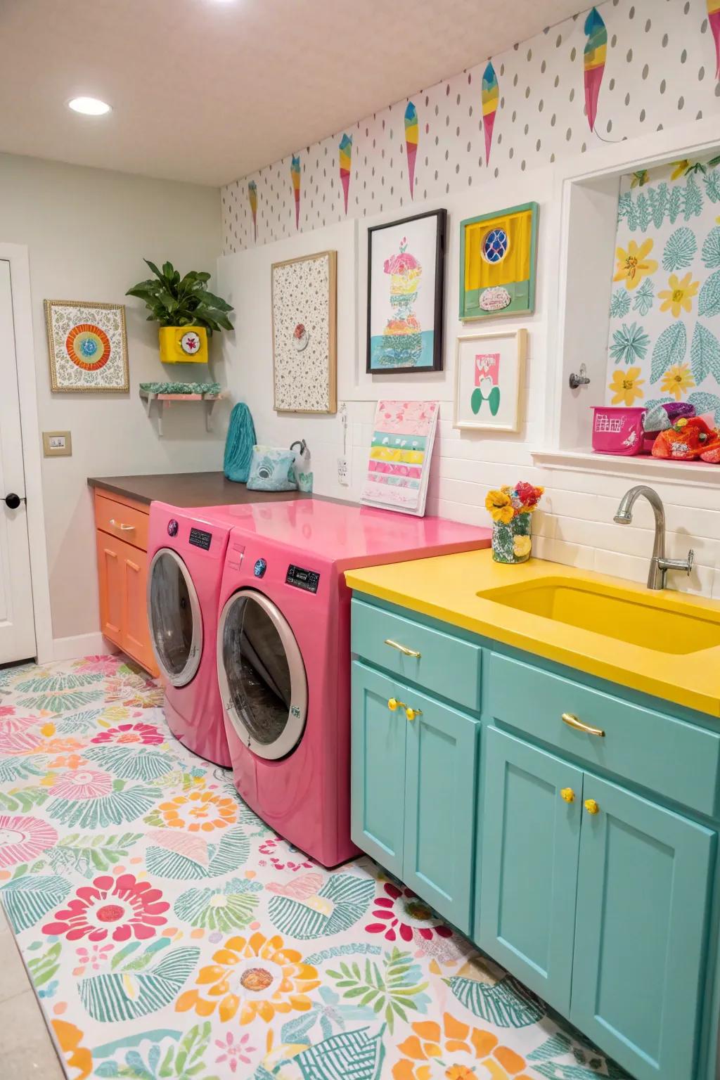 A laundry room energized with a pop of color through vibrant countertops.