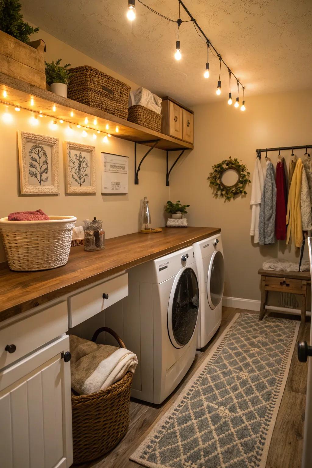 The timeless charm of butcher block countertops enhancing the laundry room.