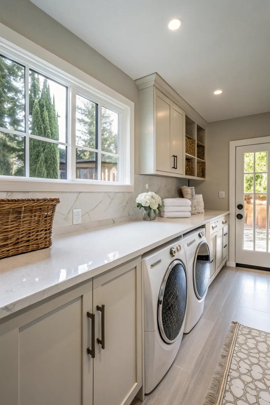 A laundry room showcasing tough and stylish quartz countertops.