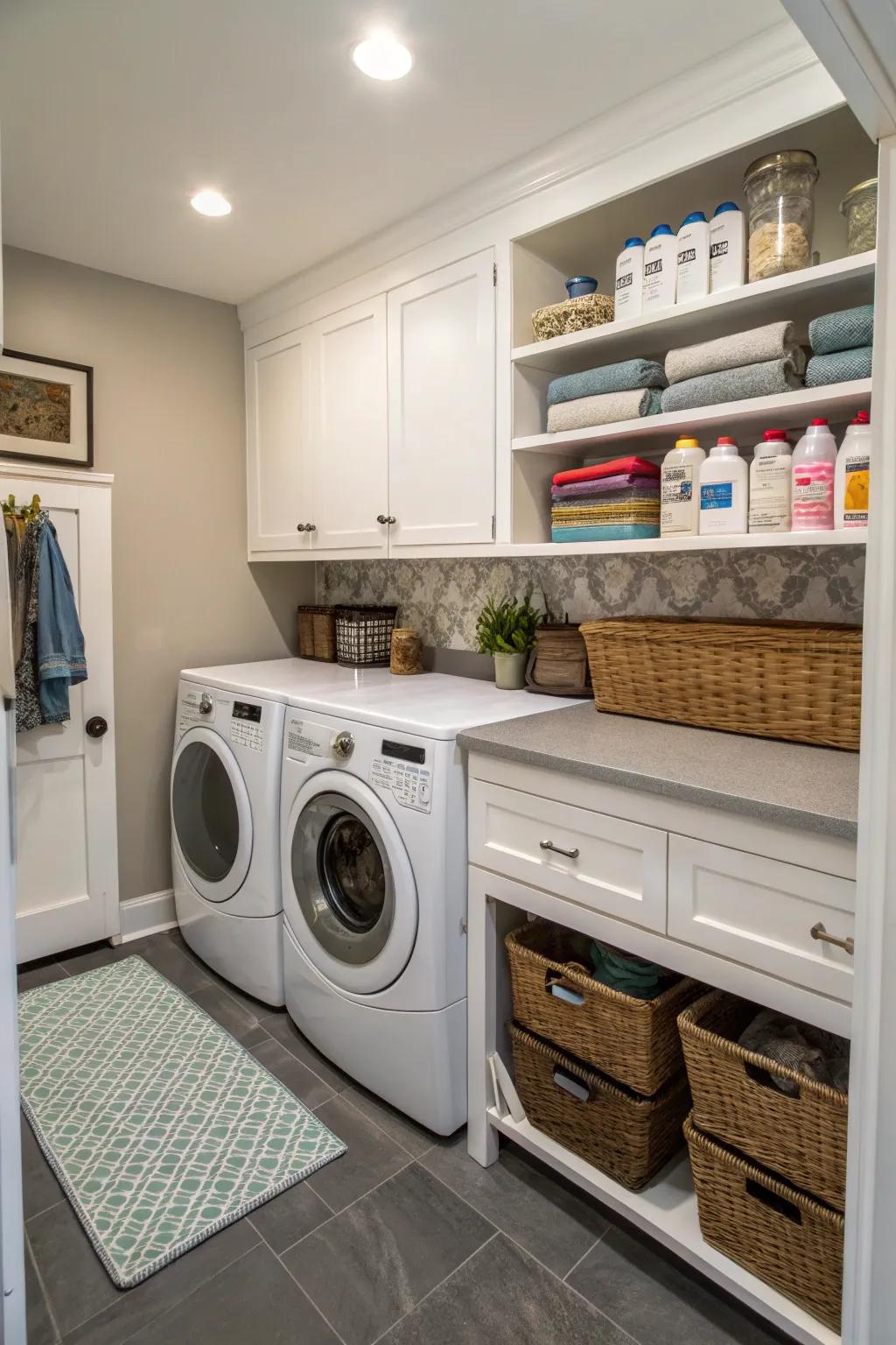 A thoughtfully organized compact layout in a small laundry room.