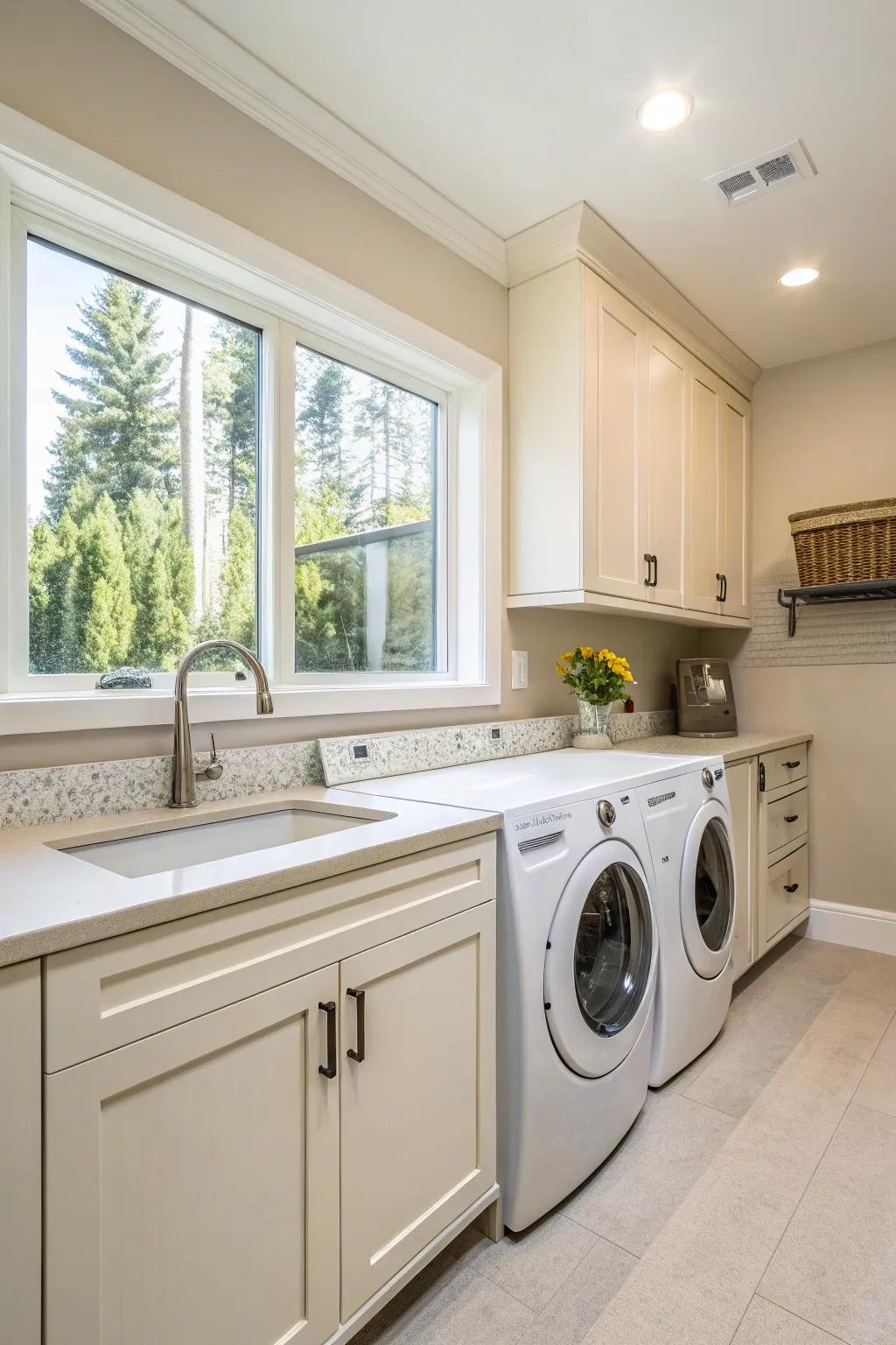 A bright and airy laundry area with a clean, refreshing aesthetic.