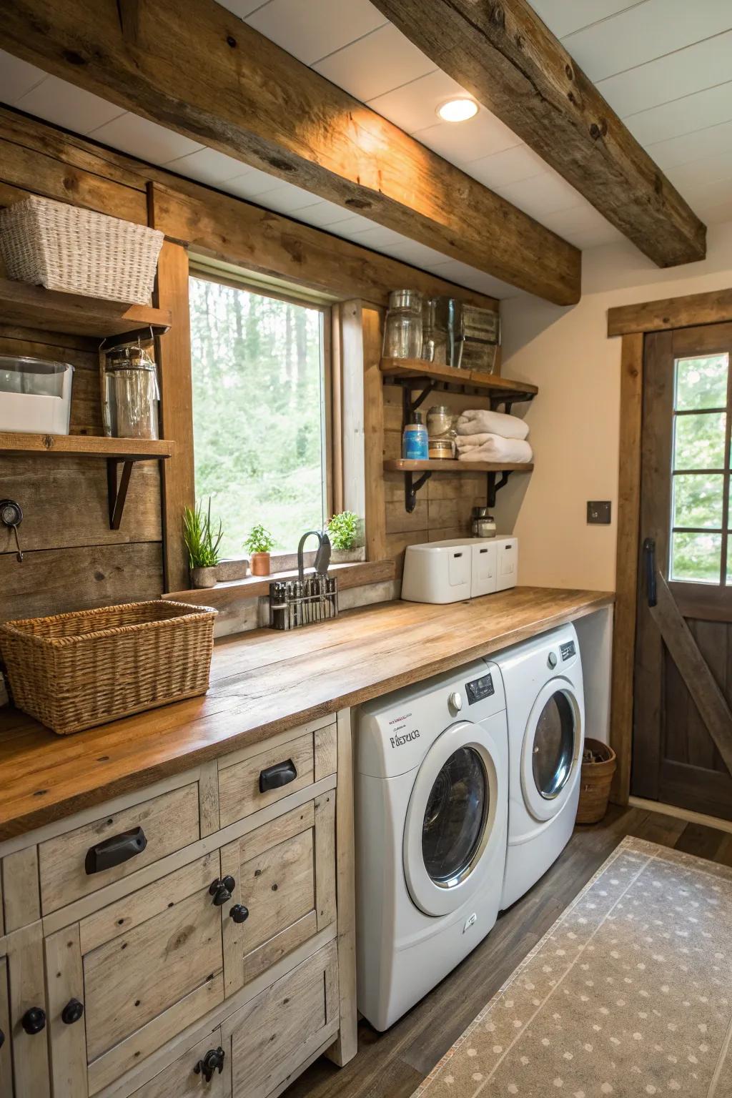 Eco-conscious reclaimed wood countertops enhancing the laundry room.
