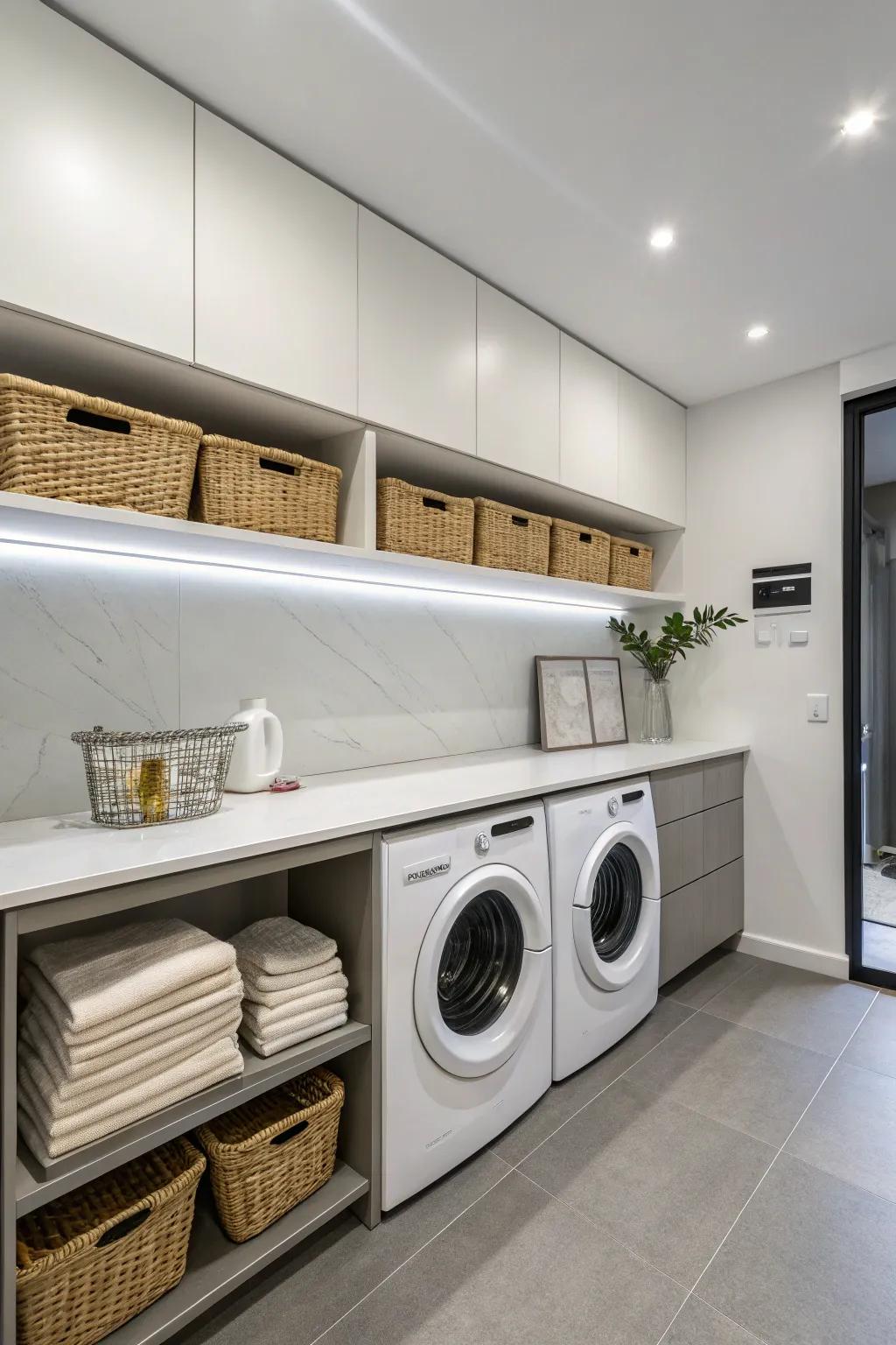 Minimalist design achieved with floating countertops in the laundry room.