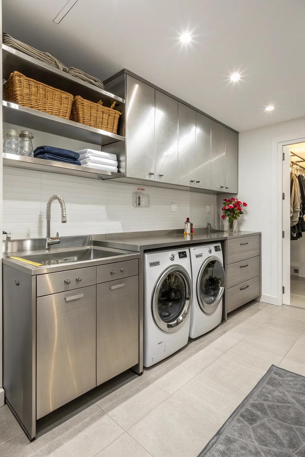 Sleek and modern stainless steel countertops in a contemporary laundry room.
