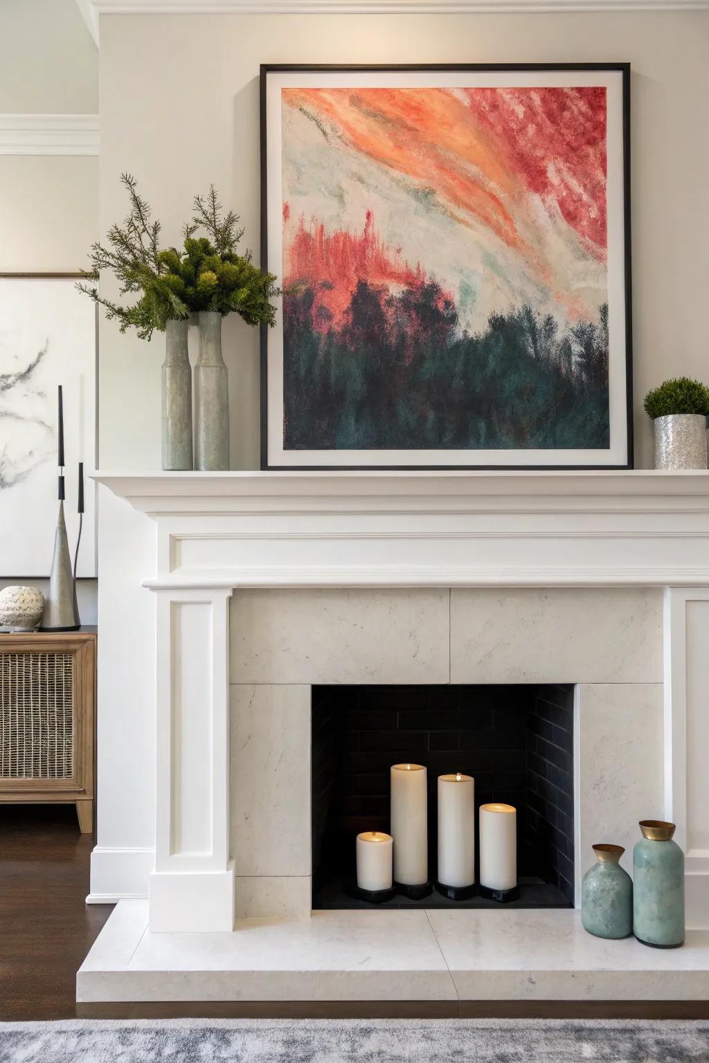 A bold art piece can turn your mantel into a focal point.