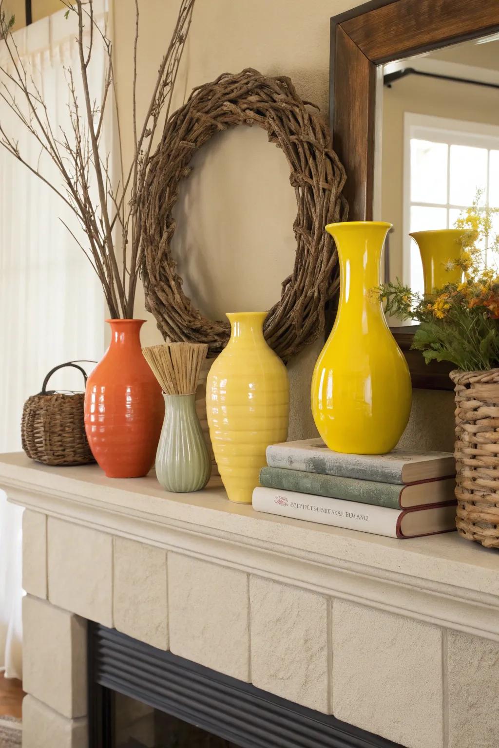 A neutral palette with pops of color can enhance your mantel's appeal.