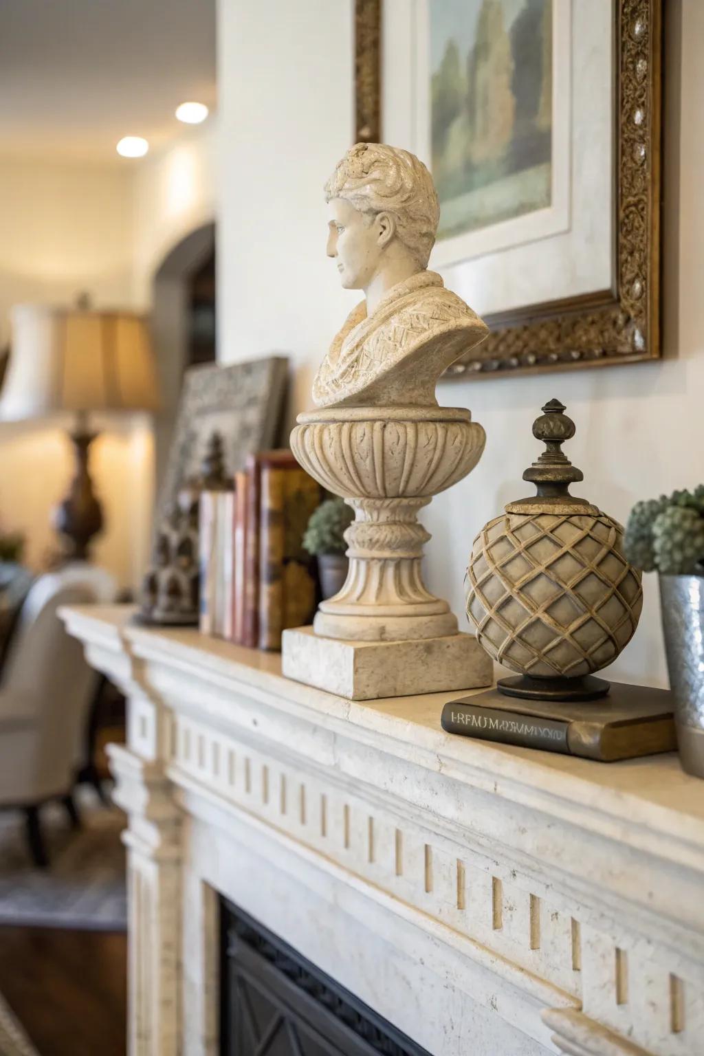 Sculptural elements can transform your mantel into a visual centerpiece.