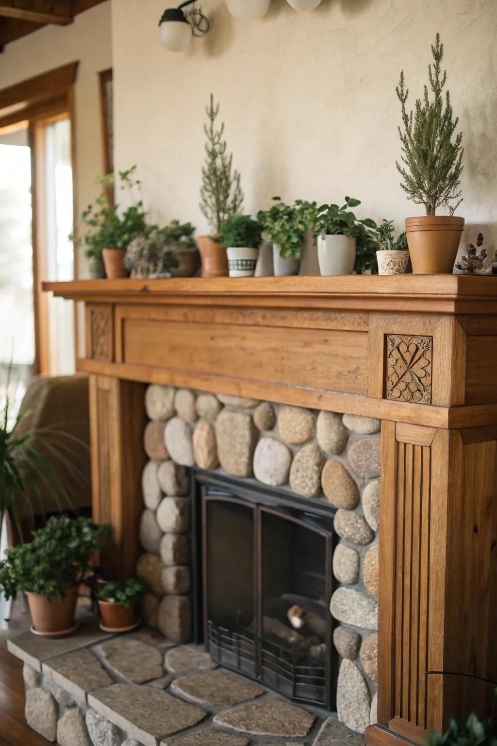Natural elements like wood and stone add warmth to a modern mantel.