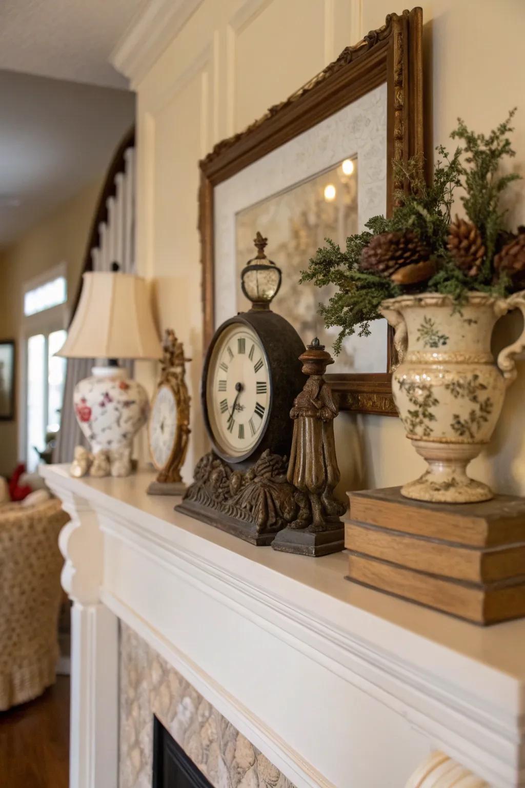 Vintage finds add character and charm to your modern mantel.