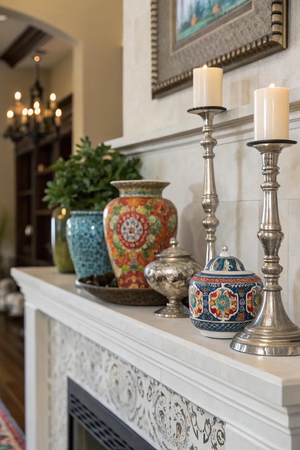 Textures and layers create a visually interesting mantel display.