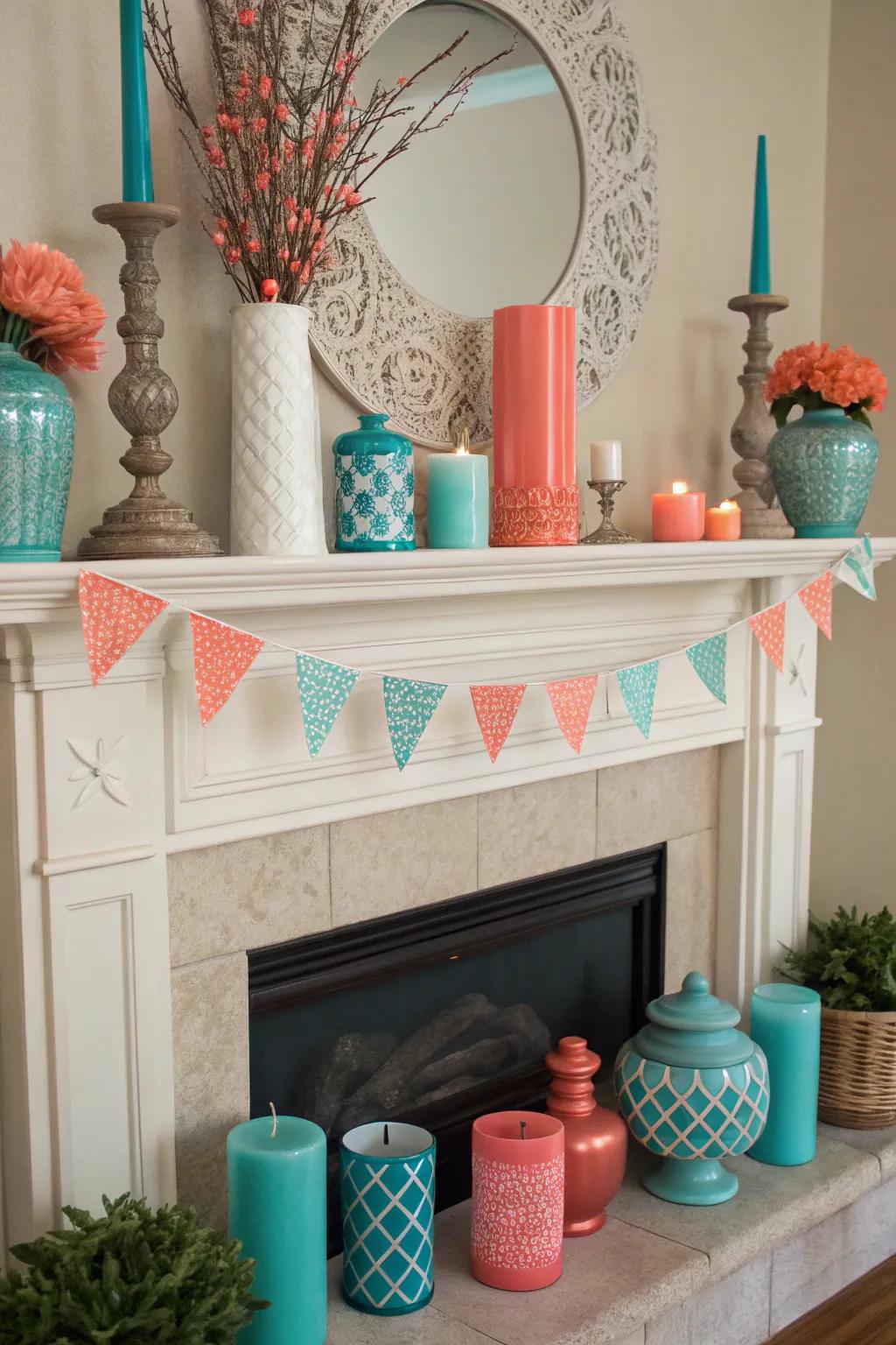 Unexpected colors on your mantel can make a bold and personal statement.